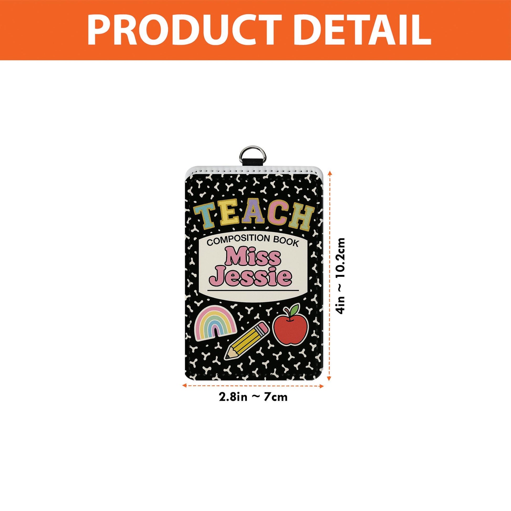Custom Teacher Badge Holder, Composition Book ID Tag, Back to School Gift for Miss Jessie, Cute Rainbow Apple Pencil Lanyard