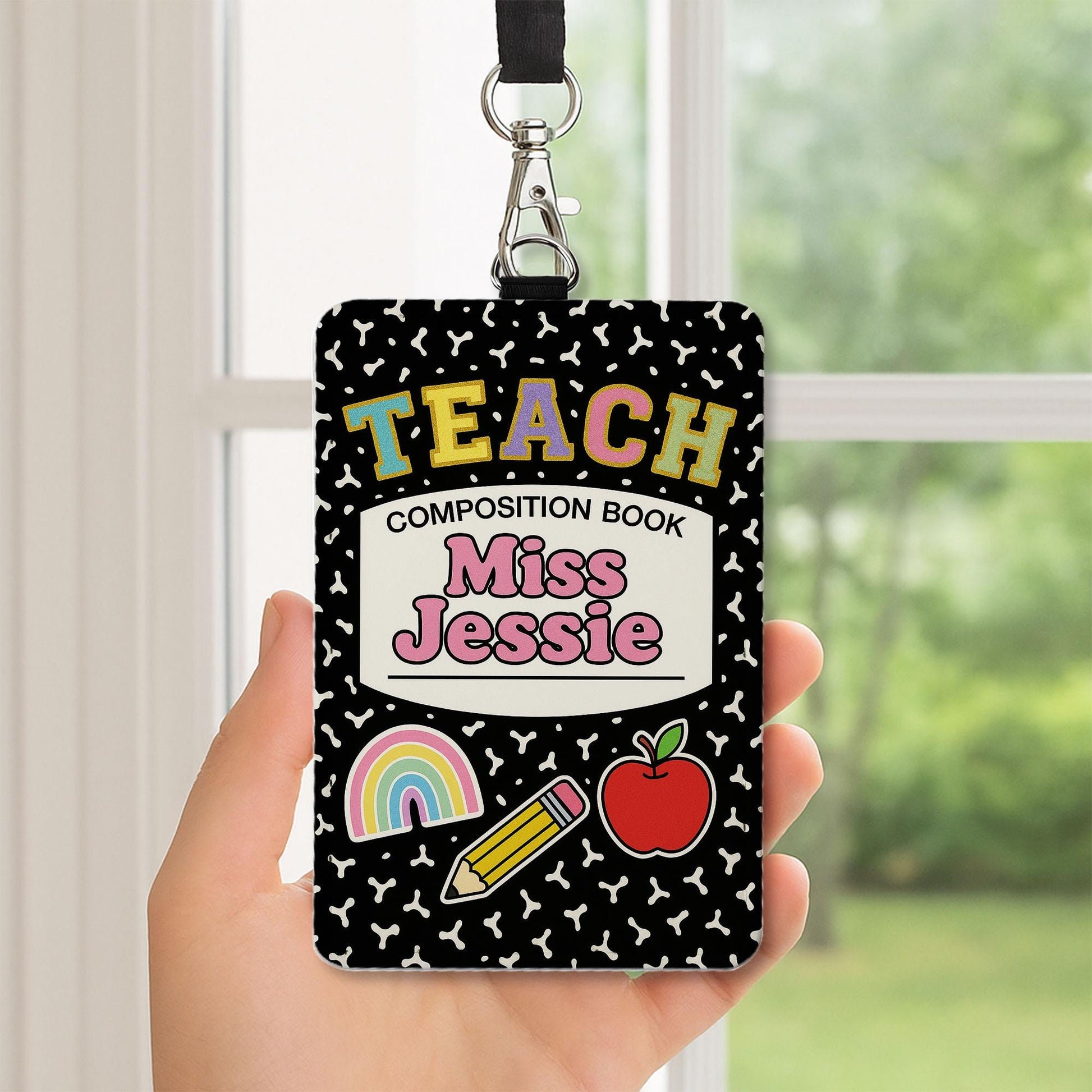 Custom Teacher Badge Holder, Composition Book ID Tag, Back to School Gift for Miss Jessie, Cute Rainbow Apple Pencil Lanyard