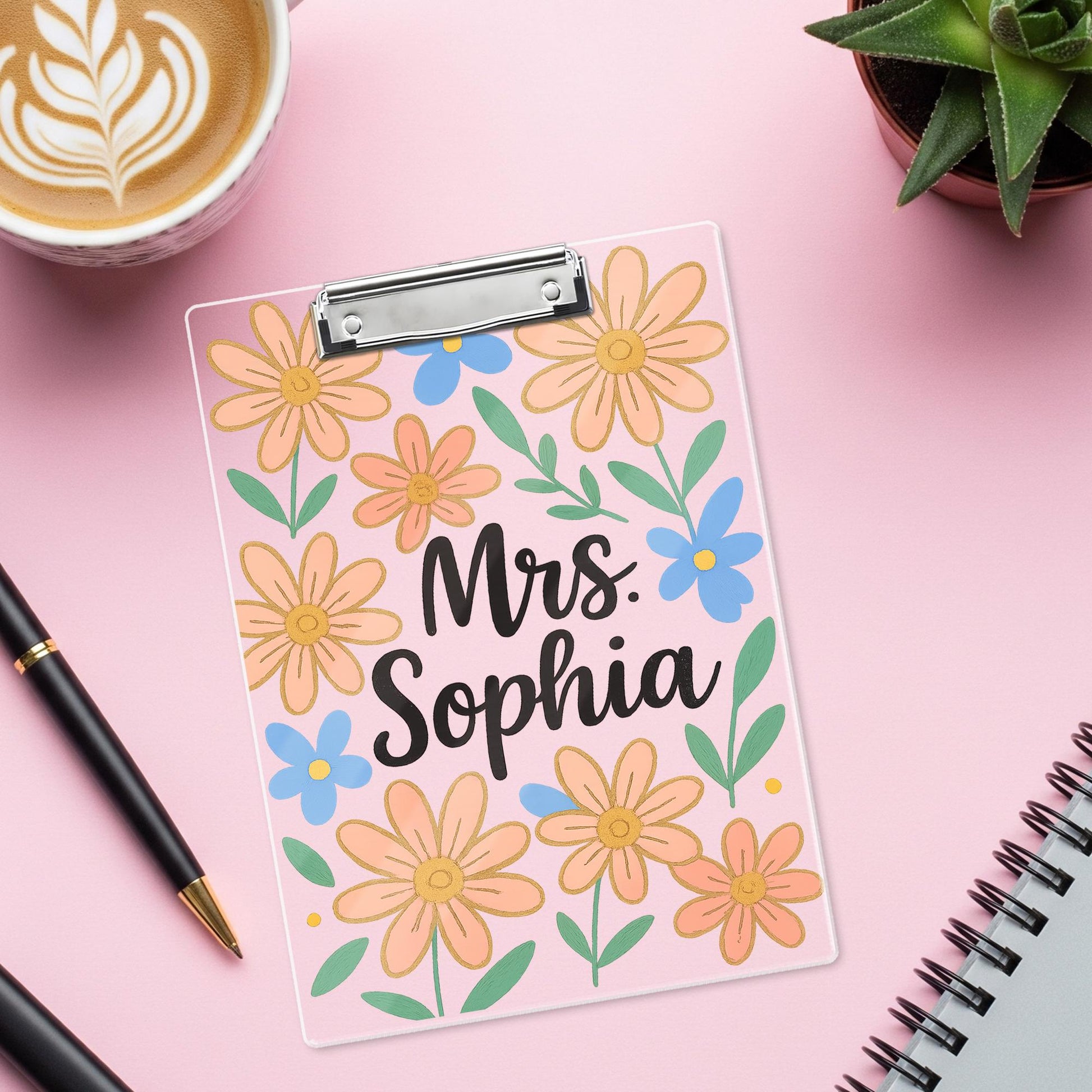 Custom Teacher Clipboard, Floral Acrylic Clipboard with Name, Personalized Back to School Gift, Cute Desk Accessory