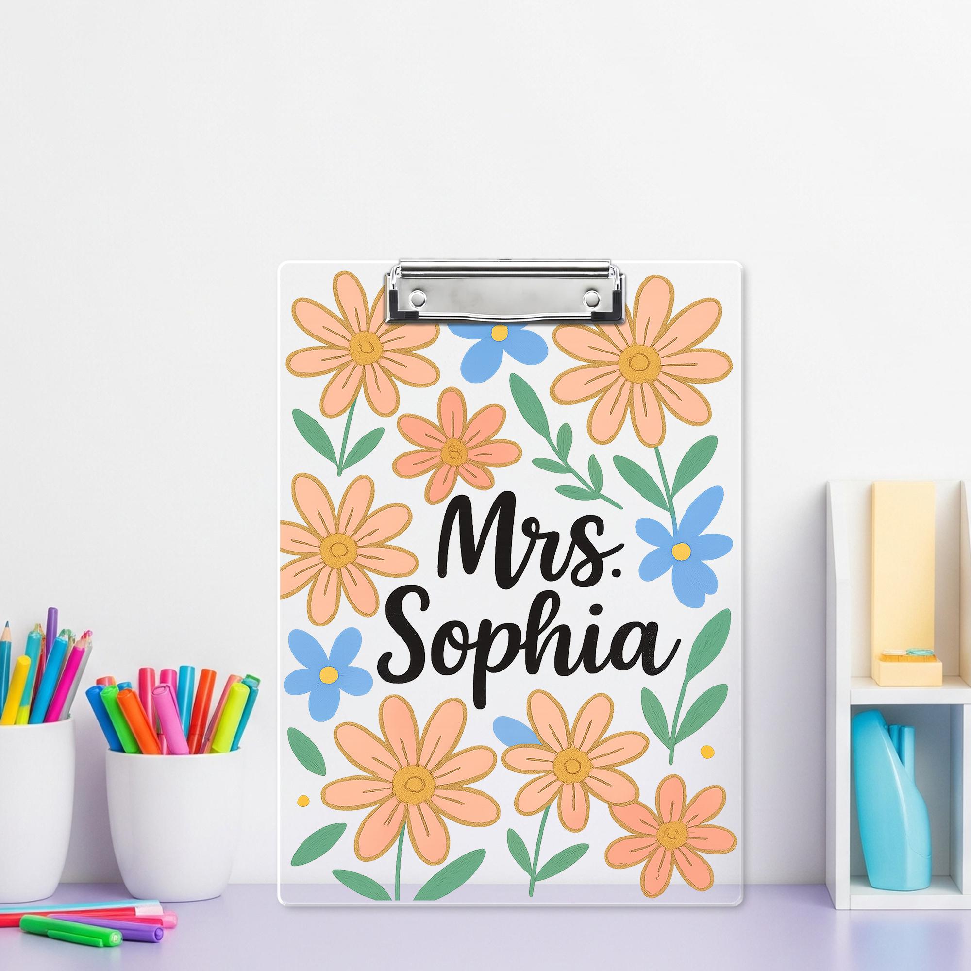 Custom Teacher Clipboard, Floral Acrylic Clipboard with Name, Personalized Back to School Gift, Cute Desk Accessory