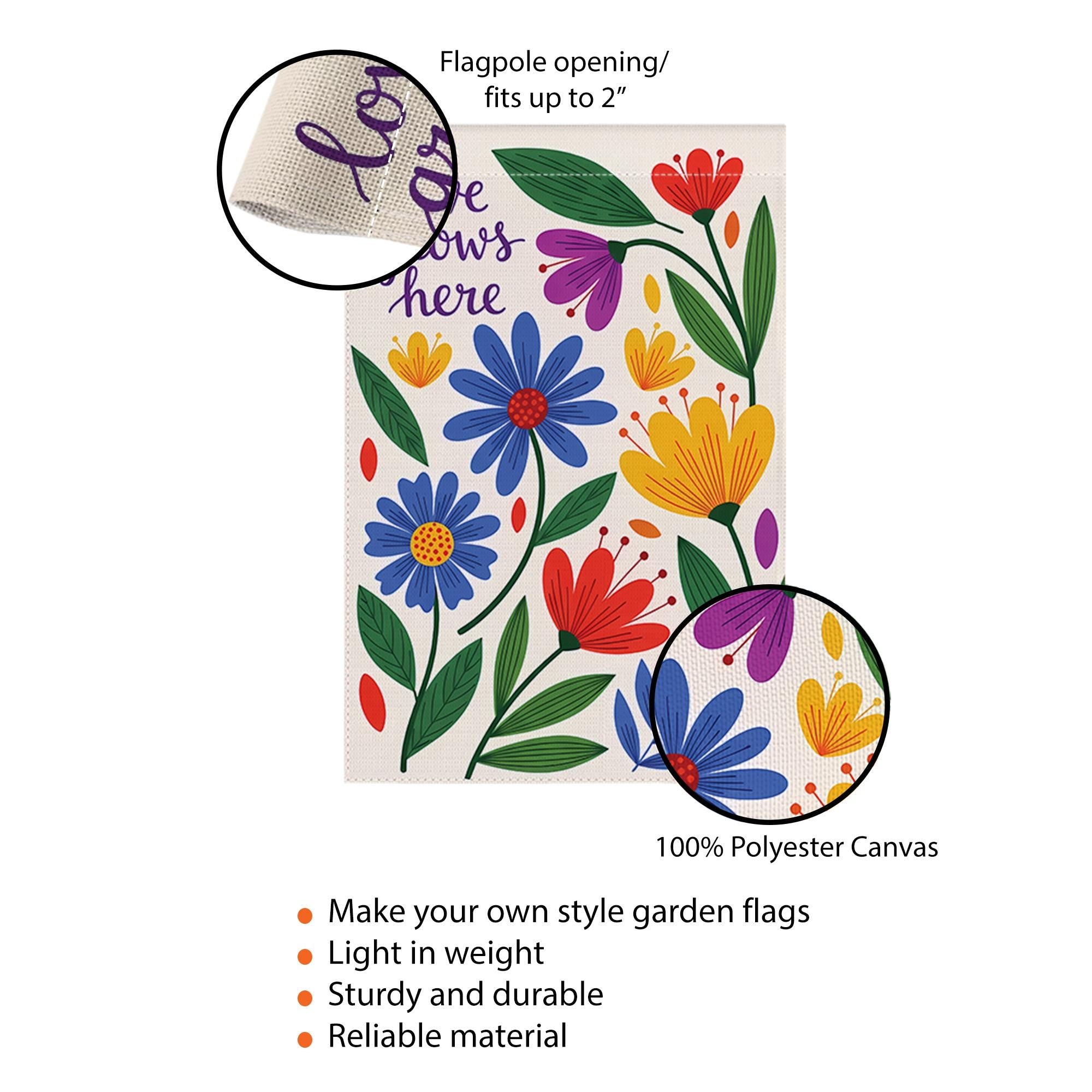 Colorful Floral Garden Flag, Love Grows Here Outdoor Decor, Spring Summer Yard Banner, Double Sided Welcome Flag for Garden Stake