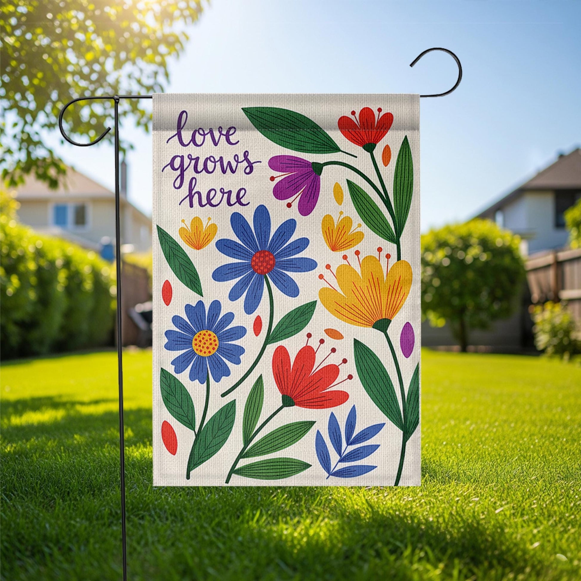 Colorful Floral Garden Flag, Love Grows Here Outdoor Decor, Spring Summer Yard Banner, Double Sided Welcome Flag for Garden Stake