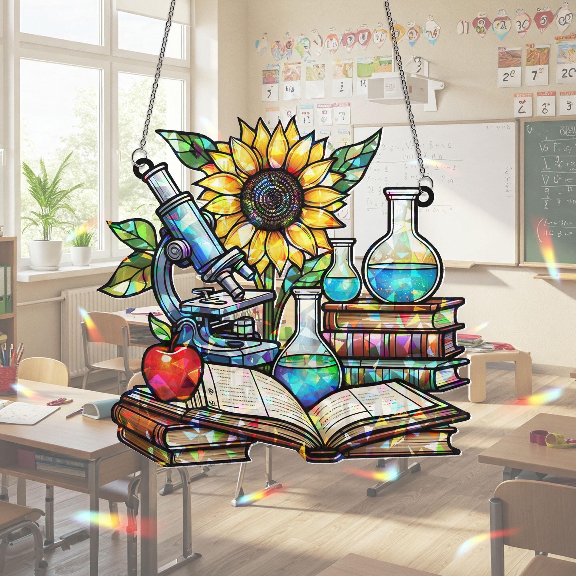 Science Teacher Gift Suncatcher, Holographic Classroom Decor, Microscope Sunflower Window Hanging, Back to School Teacher Gift