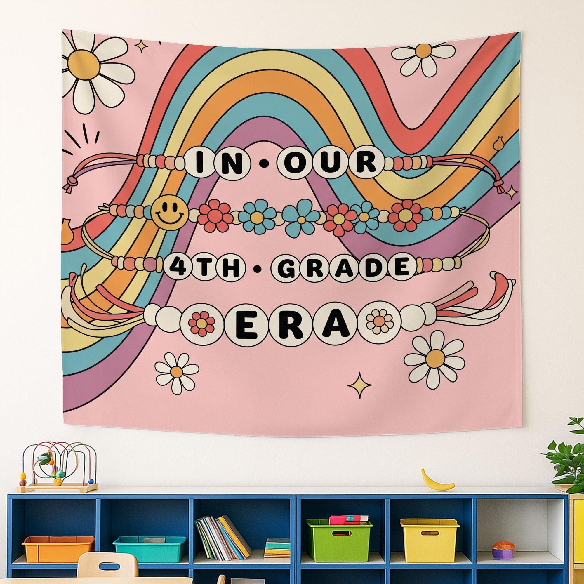 Personalized In Our 4th Grade Era Tapestry, Groovy Retro Classroom Decor, Back To School Teacher Gift, Custom Grade Banner,Boho Wall Hanging