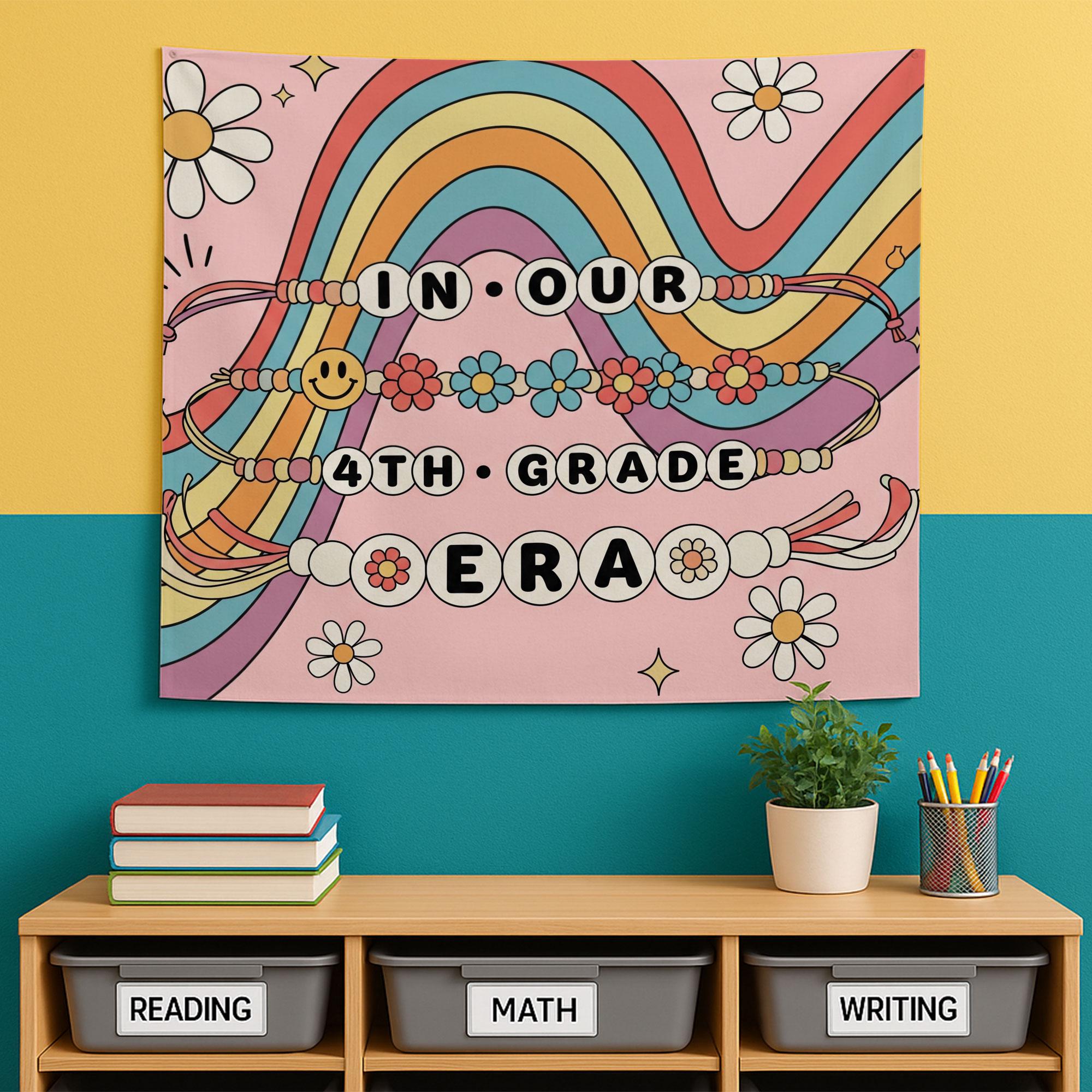 Personalized In Our 4th Grade Era Tapestry, Groovy Retro Classroom Decor, Back To School Teacher Gift, Custom Grade Banner,Boho Wall Hanging