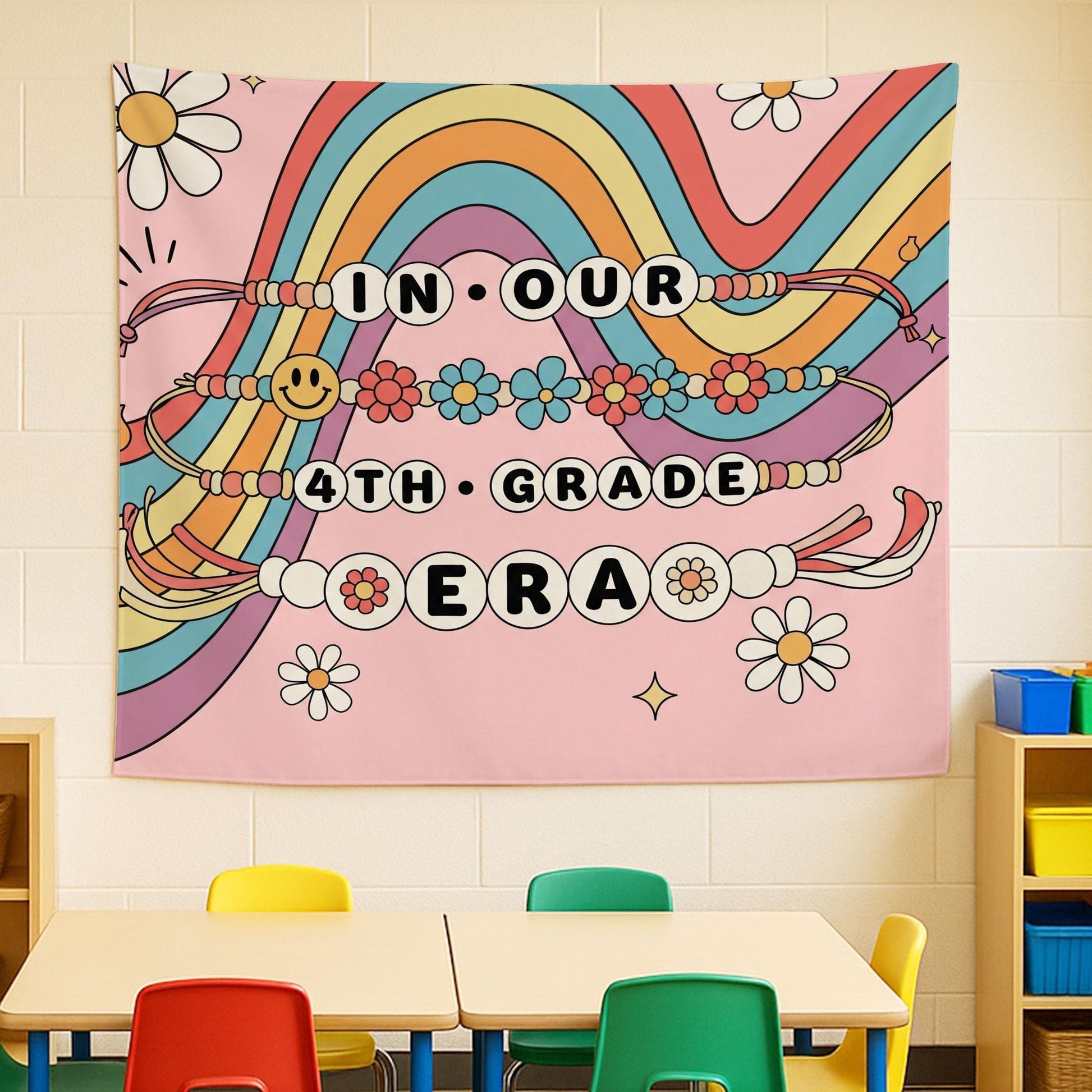 Personalized In Our 4th Grade Era Tapestry, Groovy Retro Classroom Decor, Back To School Teacher Gift, Custom Grade Banner,Boho Wall Hanging