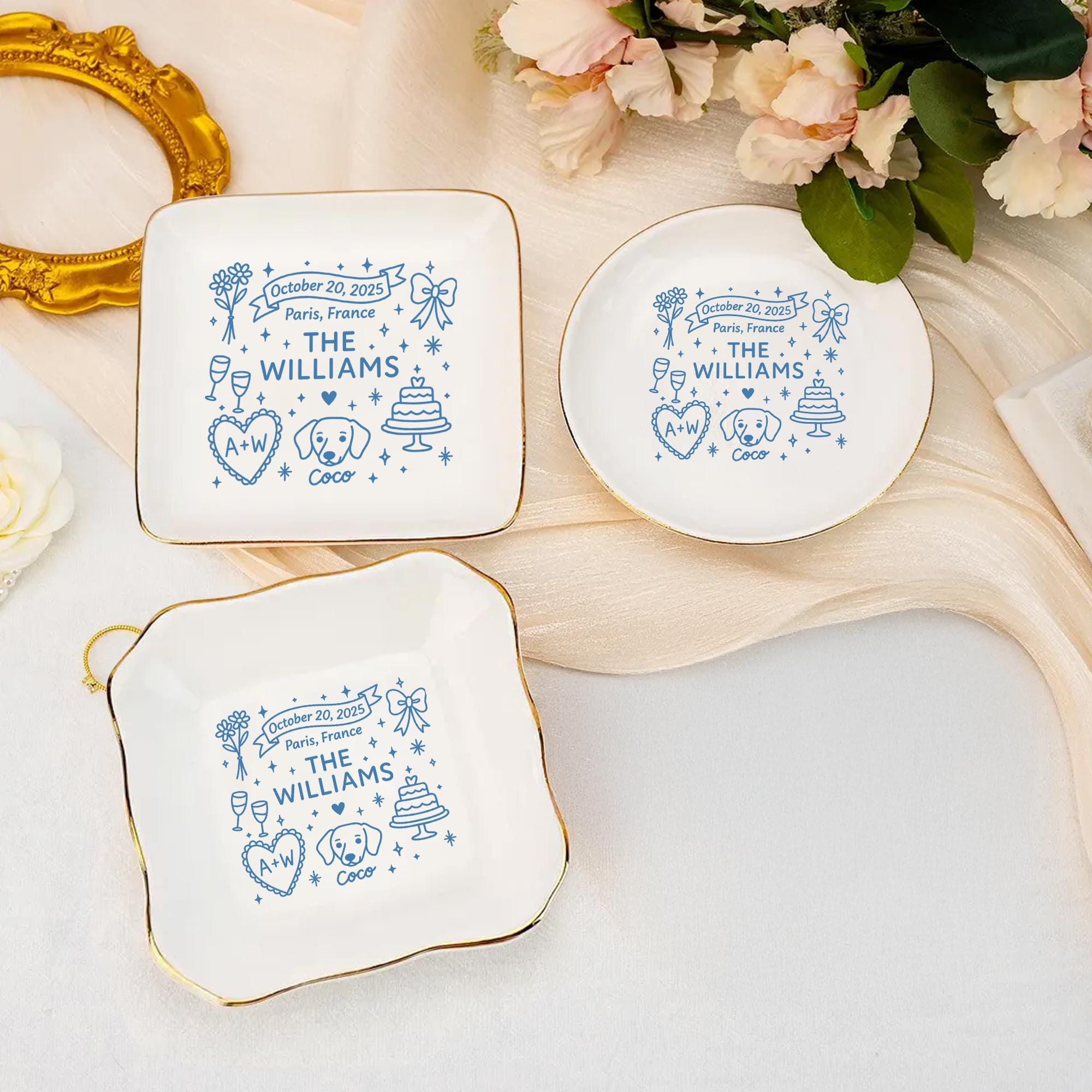 Custom Wedding Jewelry Tray, Personalized Ring Dish with Pet Name, Couple Keepsake decor, Date & Location Gift, wedding gift