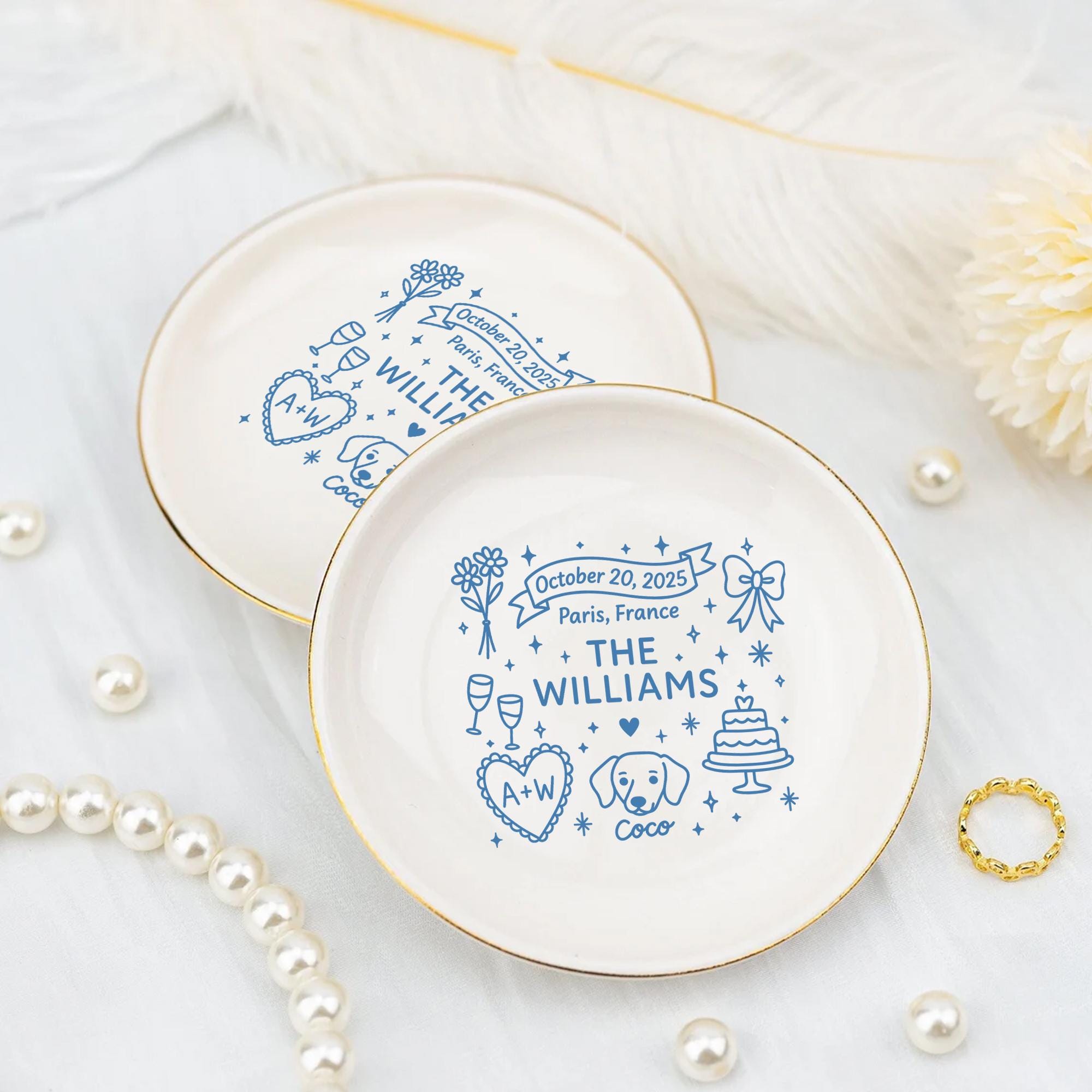 Custom Wedding Jewelry Tray, Personalized Ring Dish with Pet Name, Couple Keepsake decor, Date & Location Gift, wedding gift