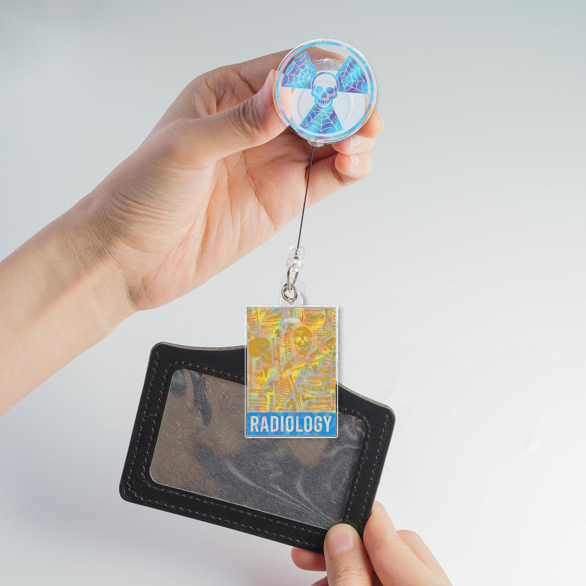Radiology Badge Reel, Holographic Skull X-ray ID Holder, Spooky Rad Tech Gift for Nurse, Gothic Medical Staff Name Badge Holder