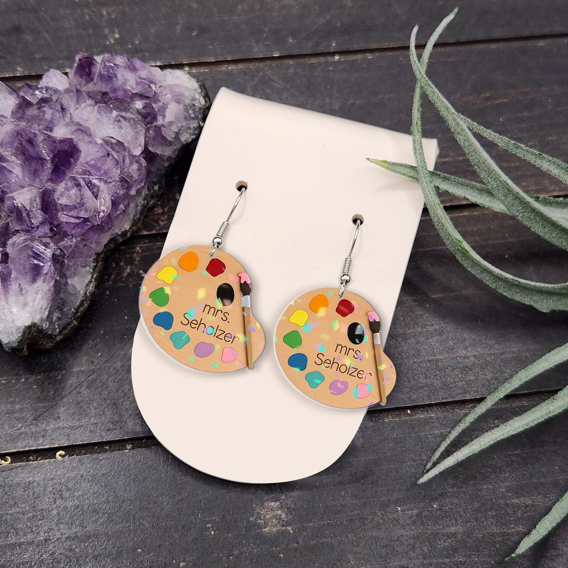 Personalized Art Teacher Earrings - Custom Name Artist Palette Dangle Earrings with Paint Brushes - Unique Teacher Gift, Artist Gift for Her