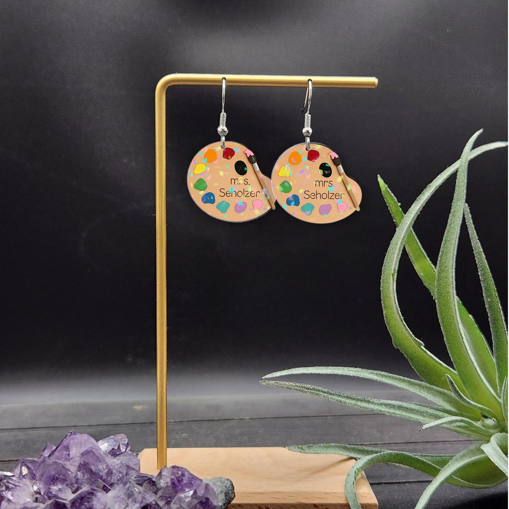Personalized Art Teacher Earrings - Custom Name Artist Palette Dangle Earrings with Paint Brushes - Unique Teacher Gift, Artist Gift for Her