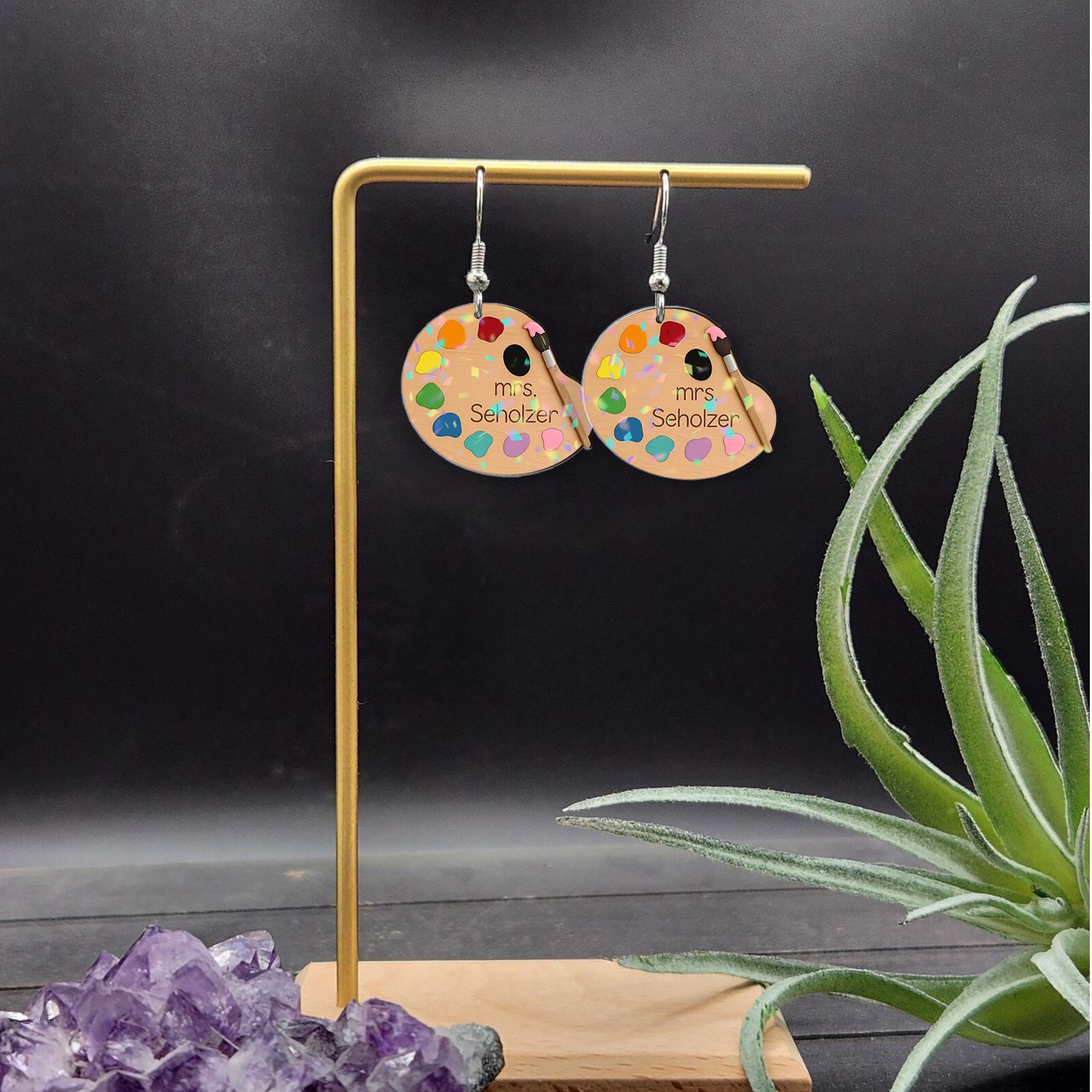 Personalized Art Teacher Earrings - Custom Name Artist Palette Dangle Earrings with Paint Brushes - Unique Teacher Gift, Artist Gift for Her