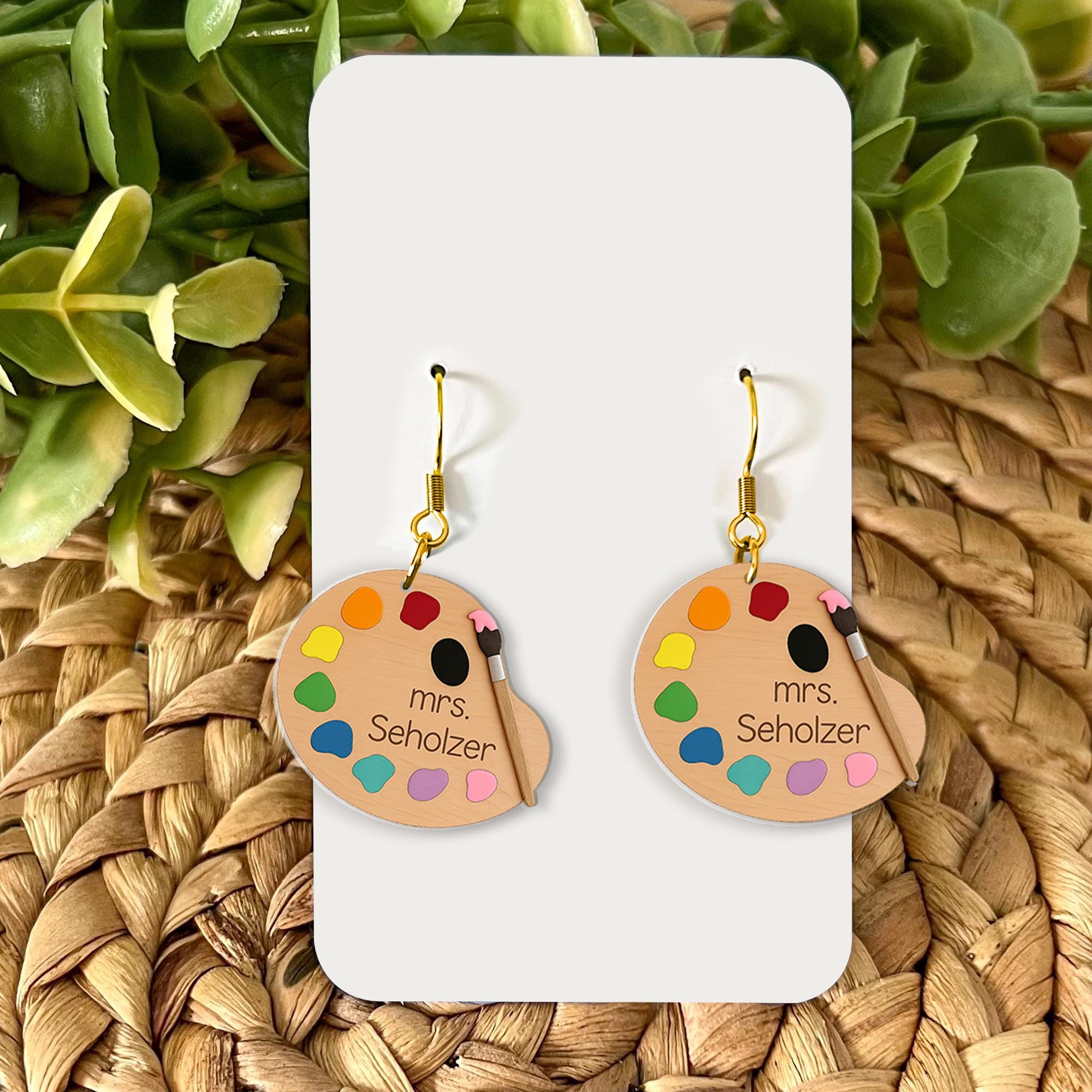 Personalized Art Teacher Earrings - Custom Name Artist Palette Dangle Earrings with Paint Brushes - Unique Teacher Gift, Artist Gift for Her