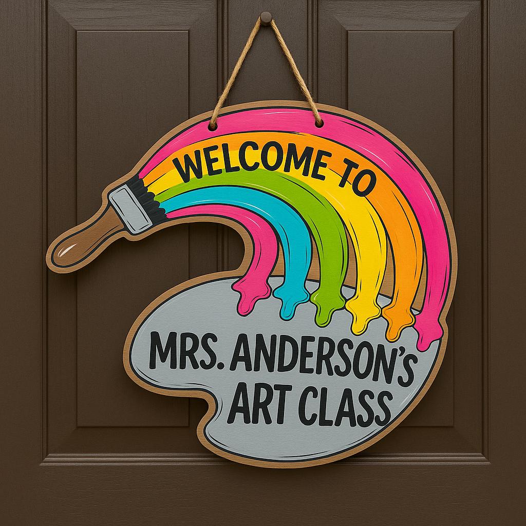 Personalized Art Teacher Sign for Classroom, Custom Welcome to Art Class Door Hanger, Wooden Palette Art Room Decor, Teacher Gift Idea