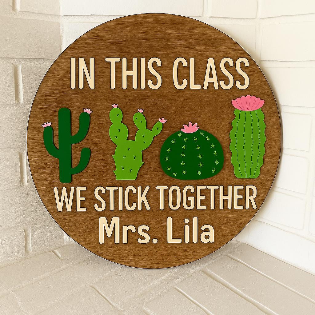 Personalized Teacher Gift, We Stick Together Cactus Classroom Decor, Custom Name Wood Sign, Teacher Door Hanger, Back to School Present