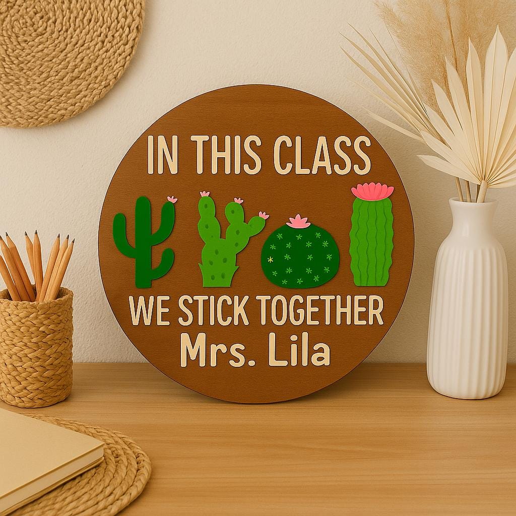 Personalized Teacher Gift, We Stick Together Cactus Classroom Decor, Custom Name Wood Sign, Teacher Door Hanger, Back to School Present