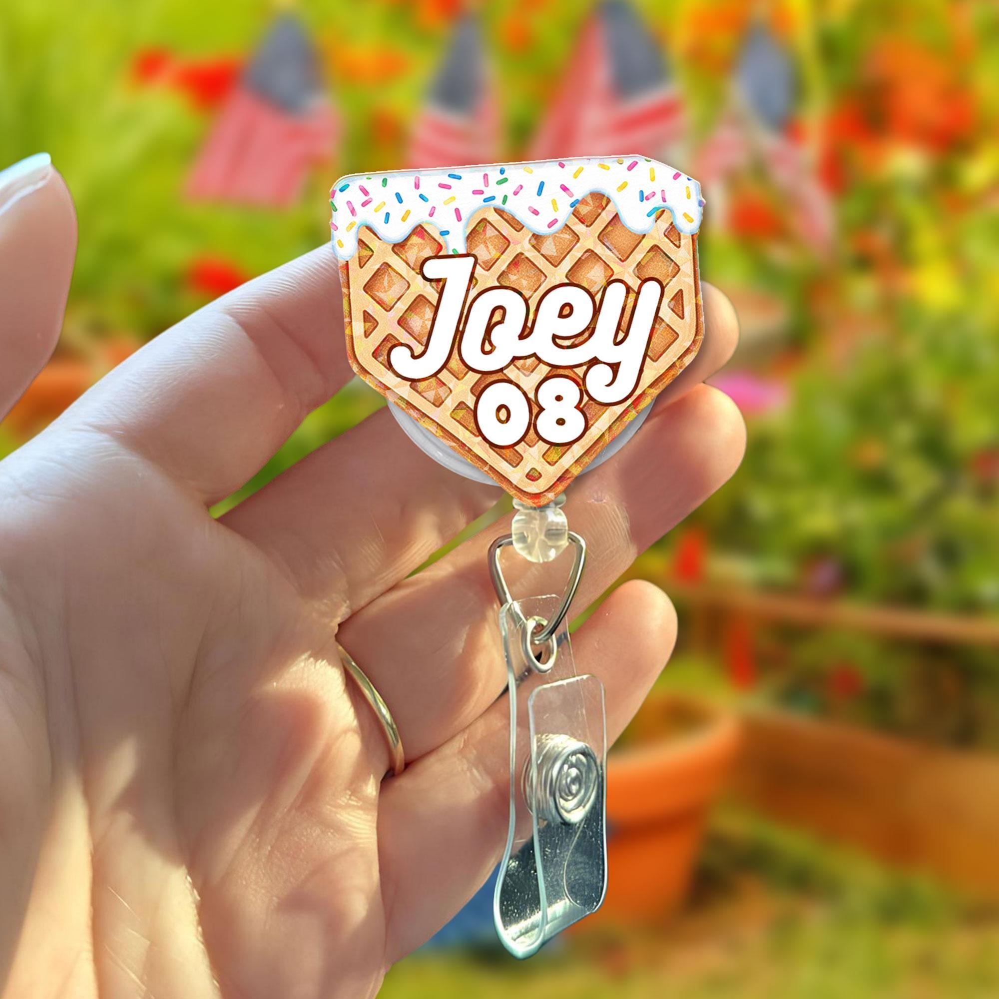 Custom Waffle Badge Reel, Personalized Name ID Holder with Sprinkles, Cute Foodie Gift for Nurse, Teacher, RN, Retractable Lanyard