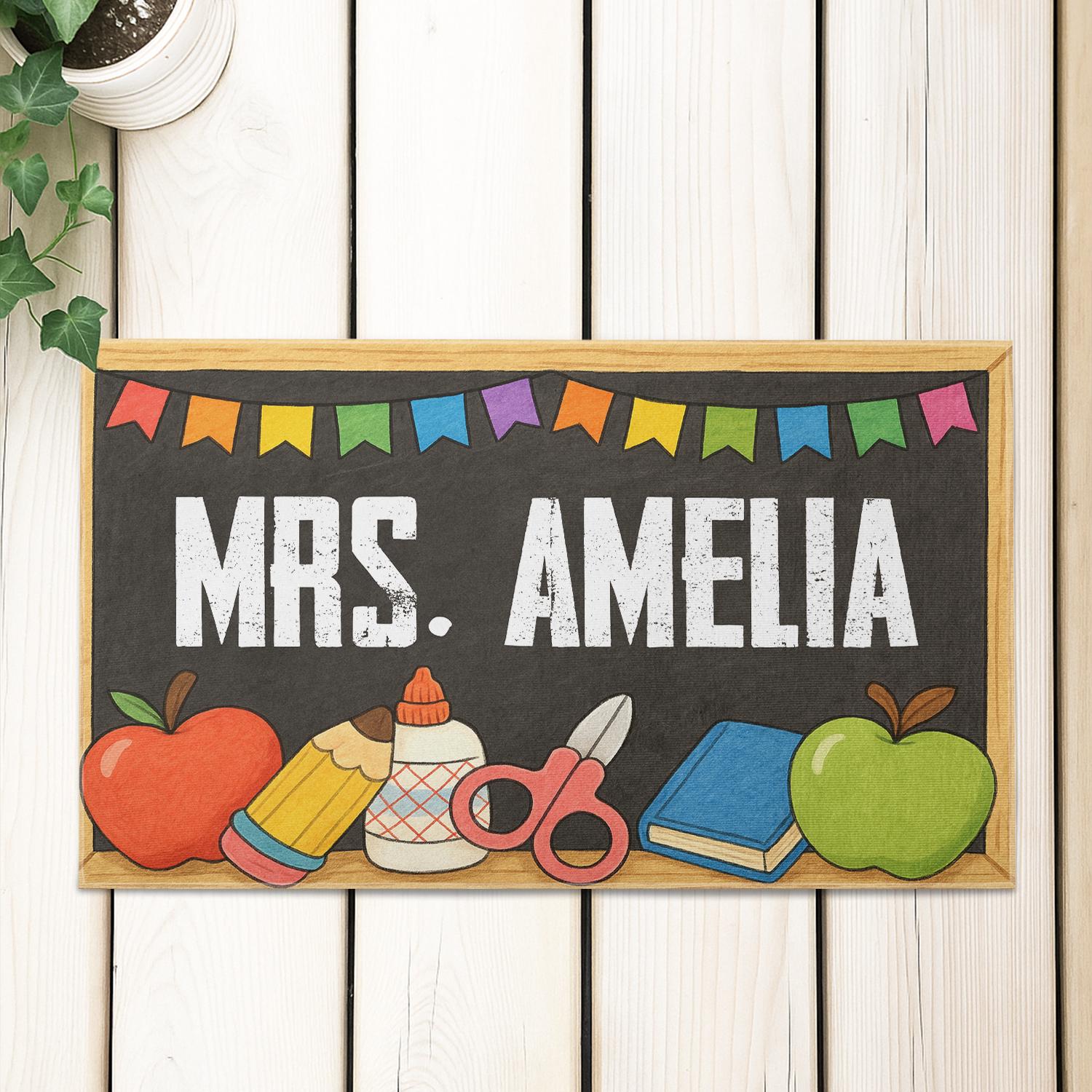 Custom Teacher Doormat - Personalized Classroom Rug with Name - Back to School Welcome Mat - Cute Apple & Chalkboard Design, School Theme