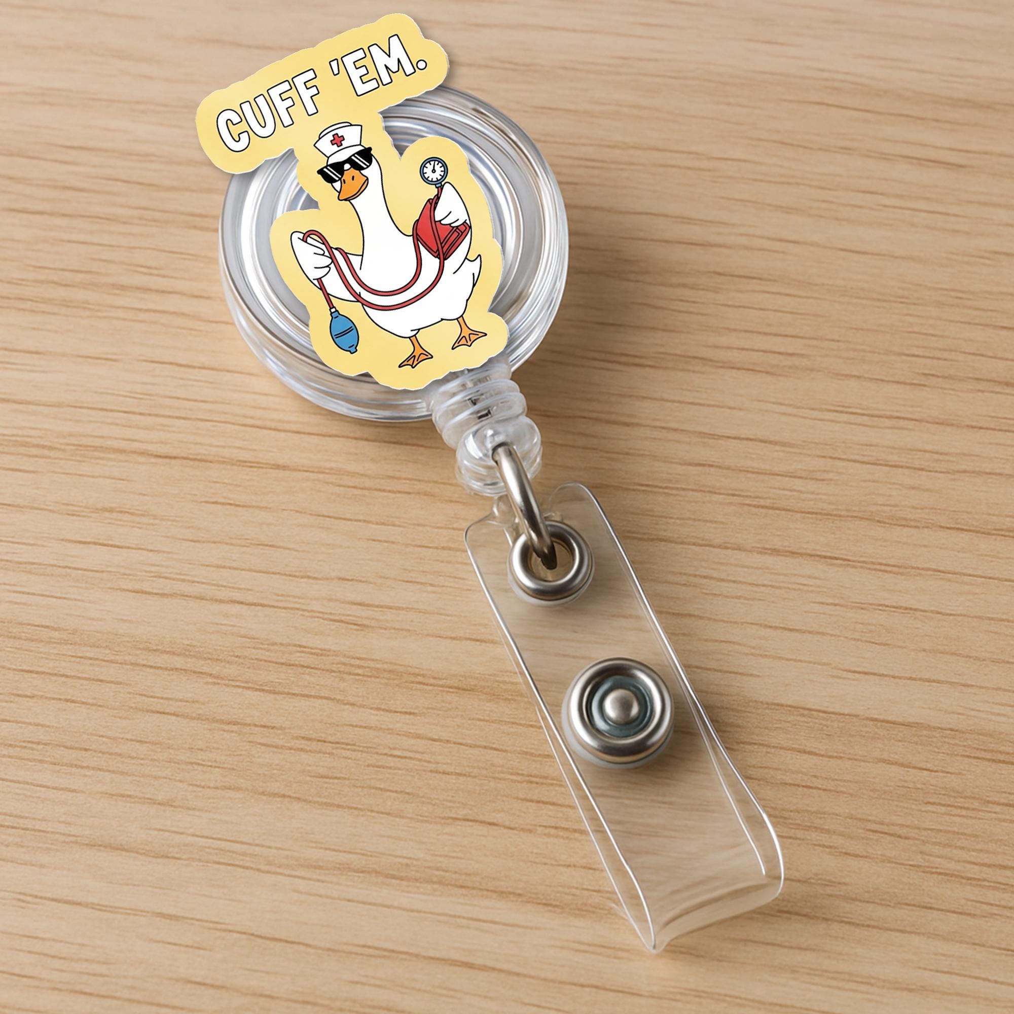 Funny Nurse Badge Reel, Cuff 'Em Duck ID Holder, Cute Medical Badge Clip, RN LPN Badge Reel, Nursing Accessory Gift
