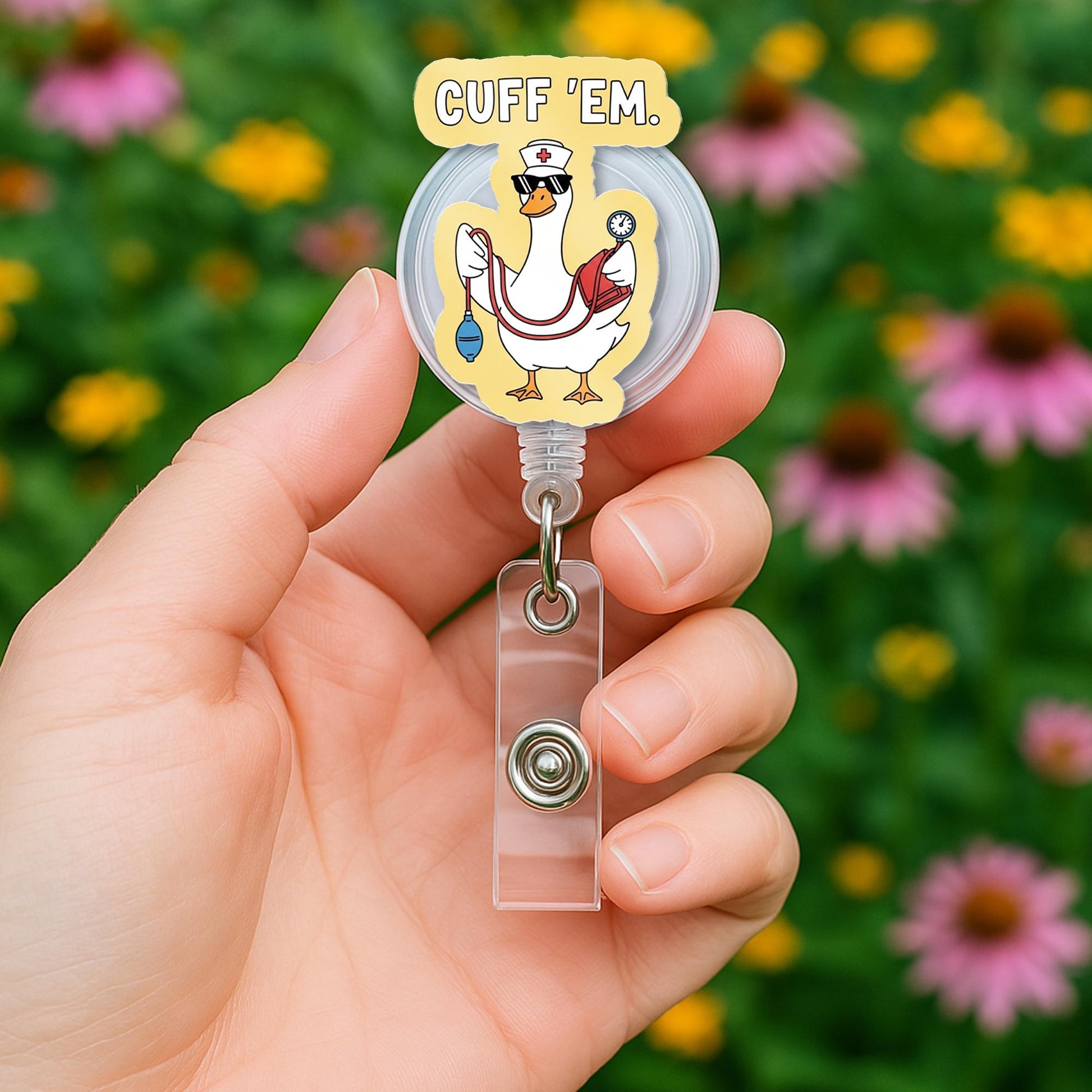 Funny Nurse Badge Reel, Cuff 'Em Duck ID Holder, Cute Medical Badge Clip, RN LPN Badge Reel, Nursing Accessory Gift