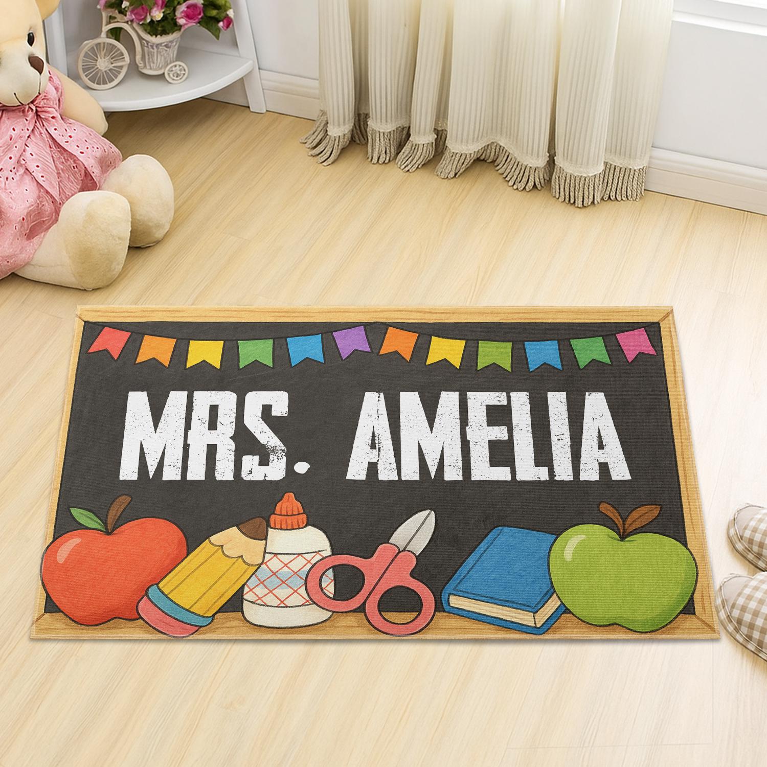 Custom Teacher Doormat - Personalized Classroom Rug with Name - Back to School Welcome Mat - Cute Apple & Chalkboard Design, School Theme