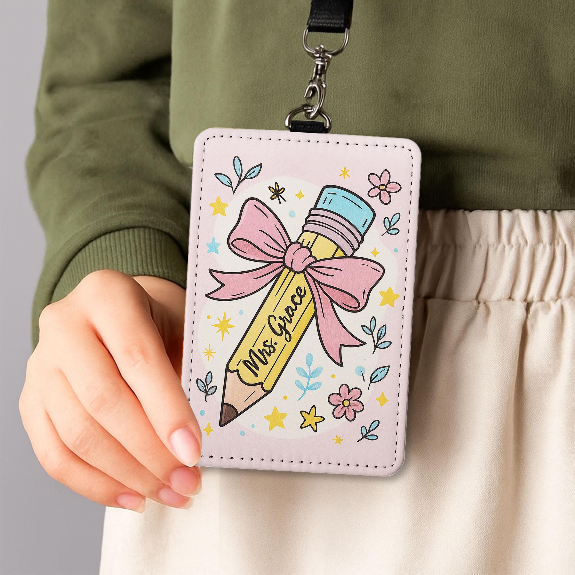 Personalized Teacher ID Badge Holder, Cute Pencil Floral Name Tag, Custom Lanyard for Educators, Back to School