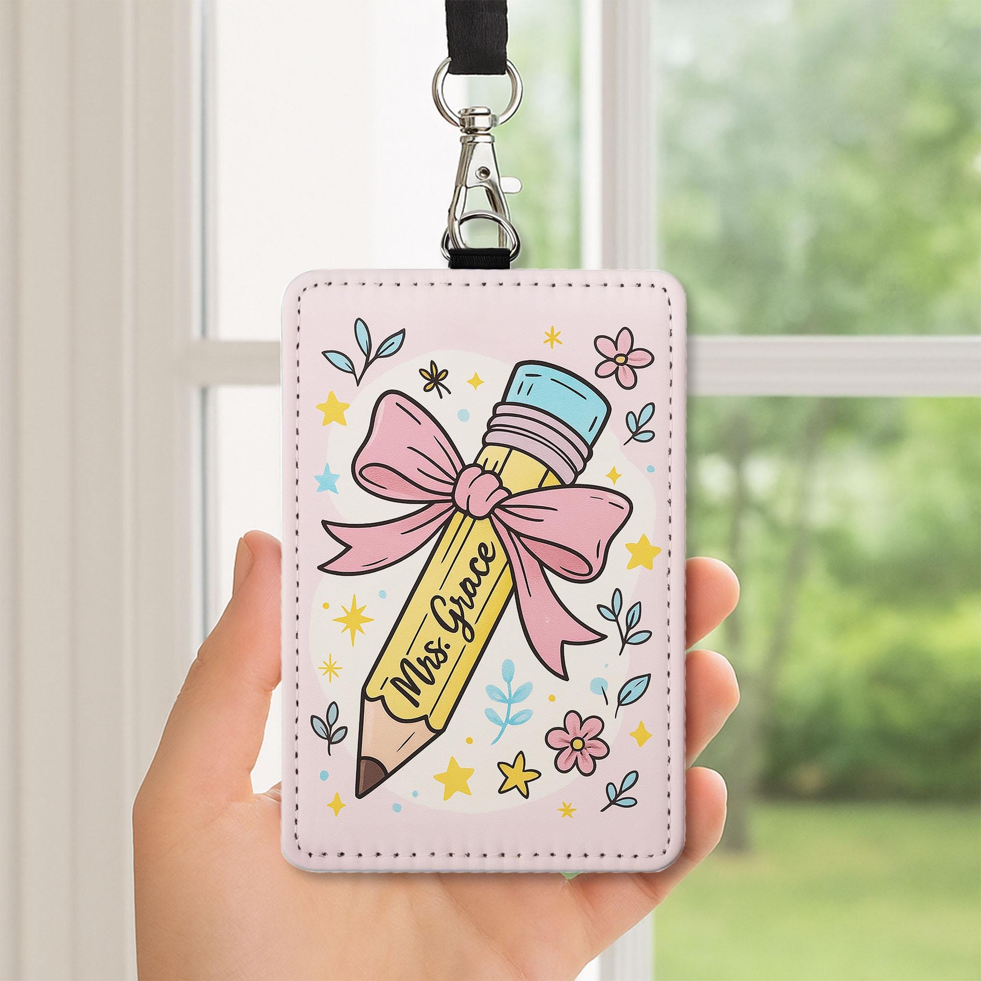 Personalized Teacher ID Badge Holder, Cute Pencil Floral Name Tag, Custom Lanyard for Educators, Back to School