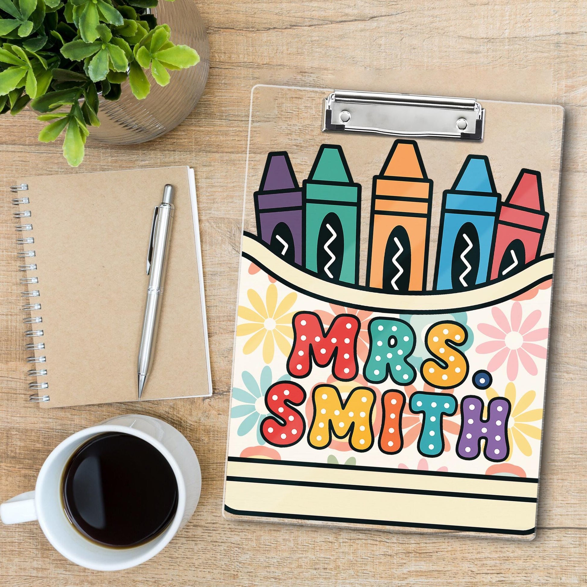 Personalized Teacher Clipboard with Name - Cute Crayon & Flower Design - Back to School Gift for Classroom Organization, Educators Gift