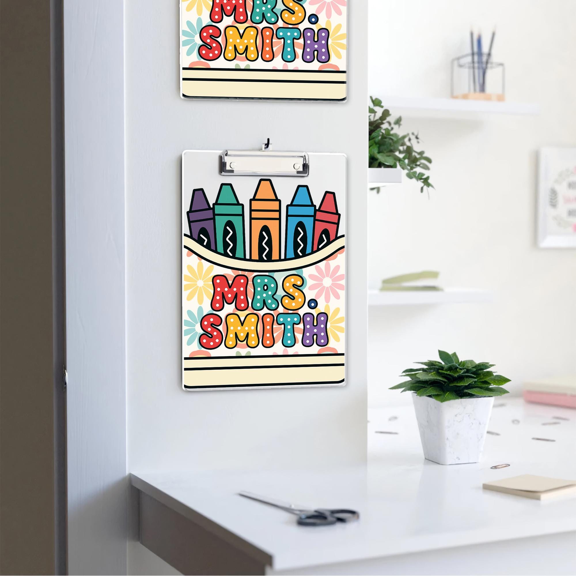 Personalized Teacher Clipboard with Name - Cute Crayon & Flower Design - Back to School Gift for Classroom Organization, Educators Gift