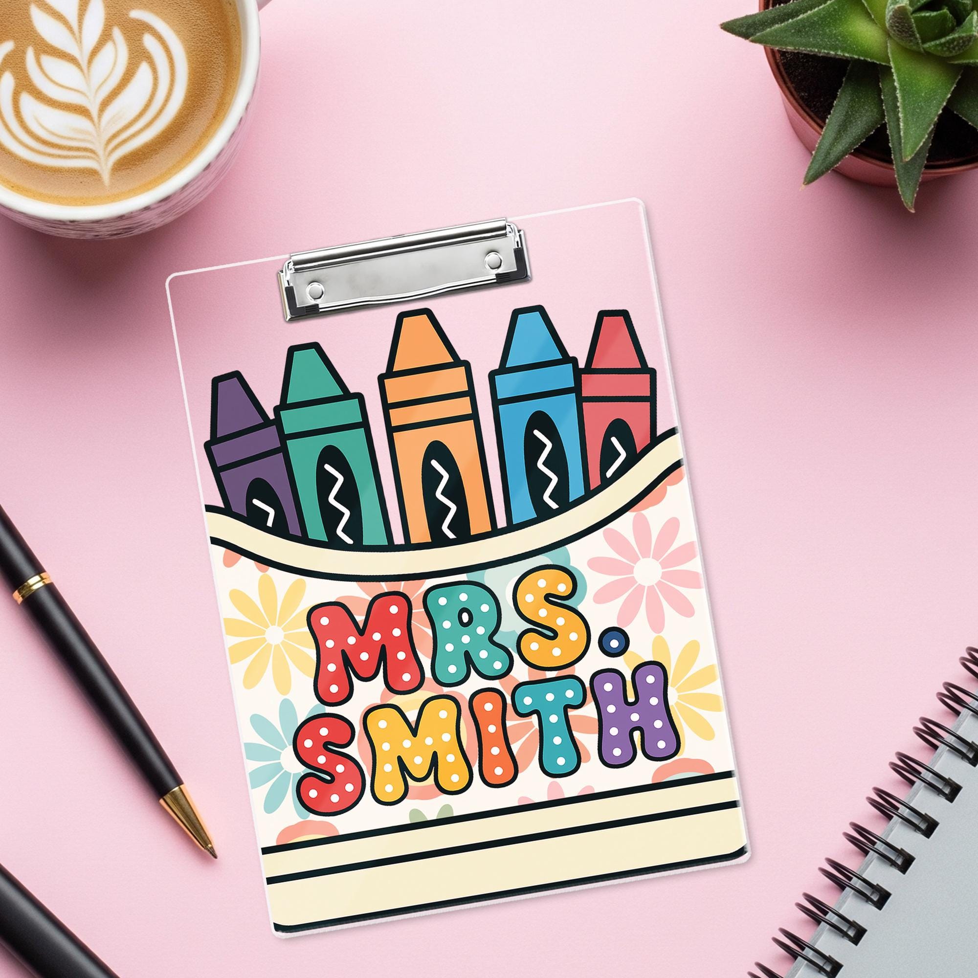 Personalized Teacher Clipboard with Name - Cute Crayon & Flower Design - Back to School Gift for Classroom Organization, Educators Gift
