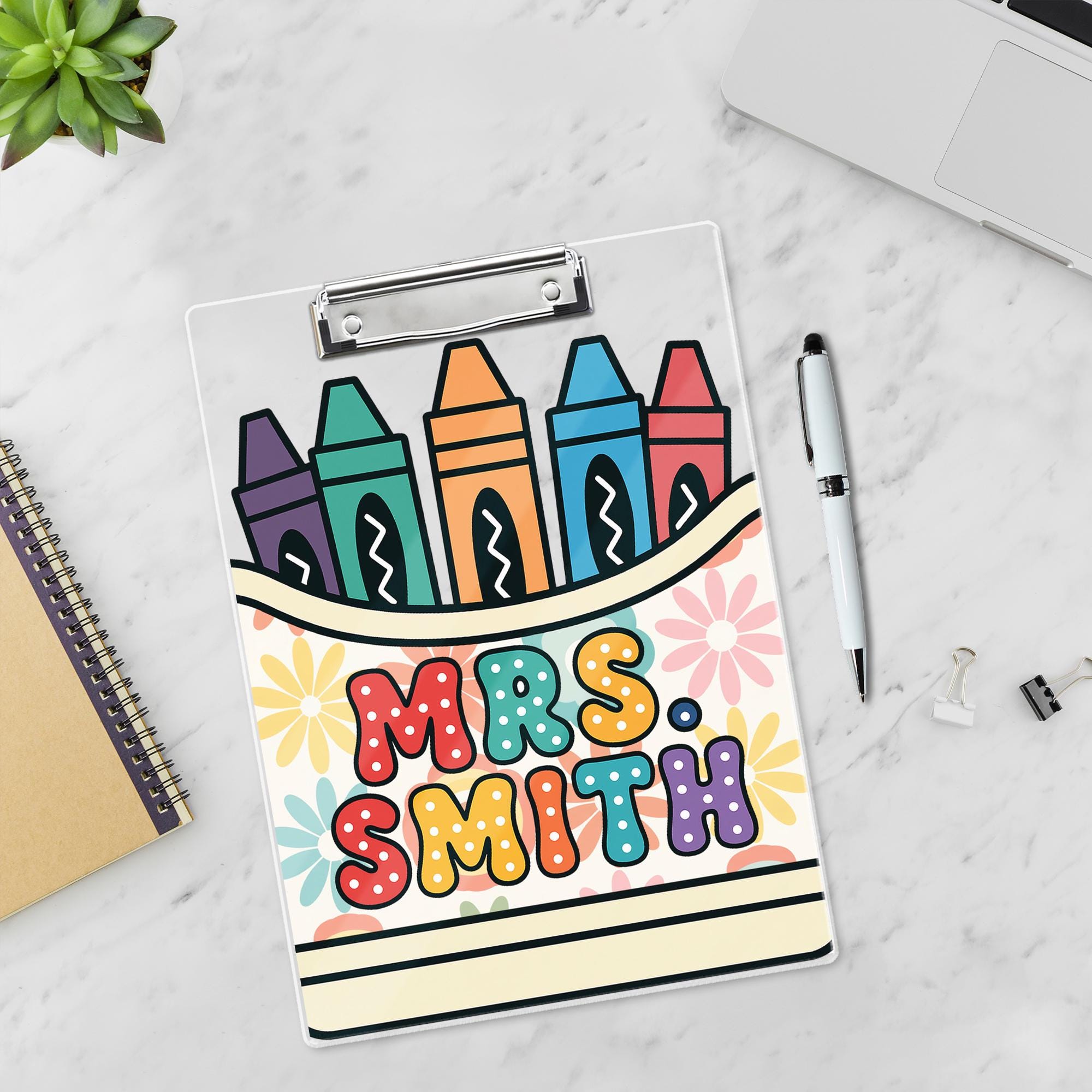 Personalized Teacher Clipboard with Name - Cute Crayon & Flower Design - Back to School Gift for Classroom Organization, Educators Gift