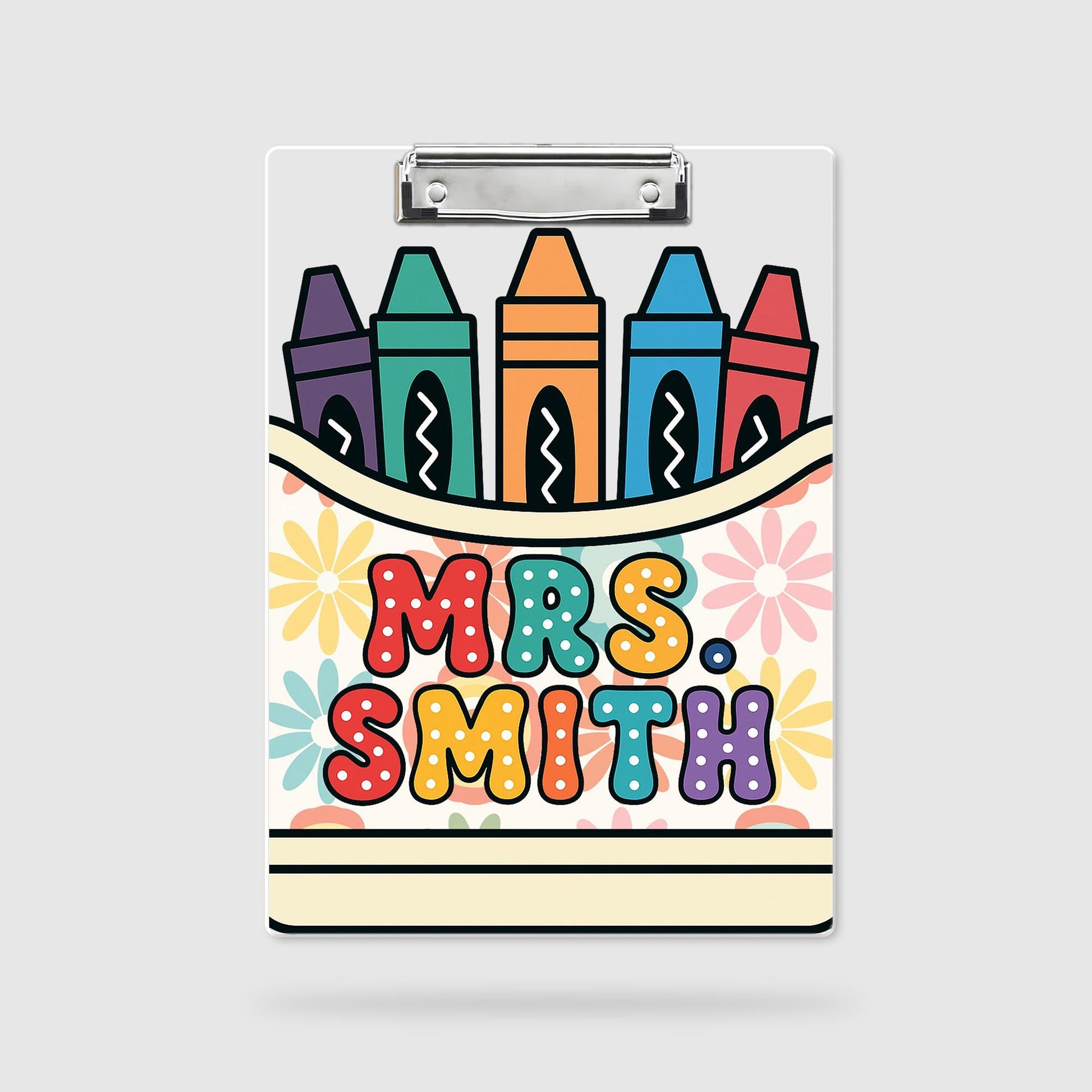 Personalized Teacher Clipboard with Name - Cute Crayon & Flower Design - Back to School Gift for Classroom Organization, Educators Gift
