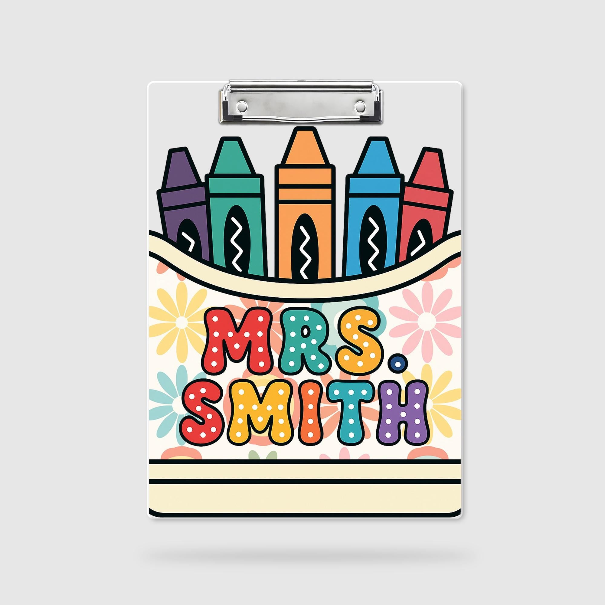 Personalized Teacher Clipboard with Name - Cute Crayon & Flower Design - Back to School Gift for Classroom Organization, Educators Gift