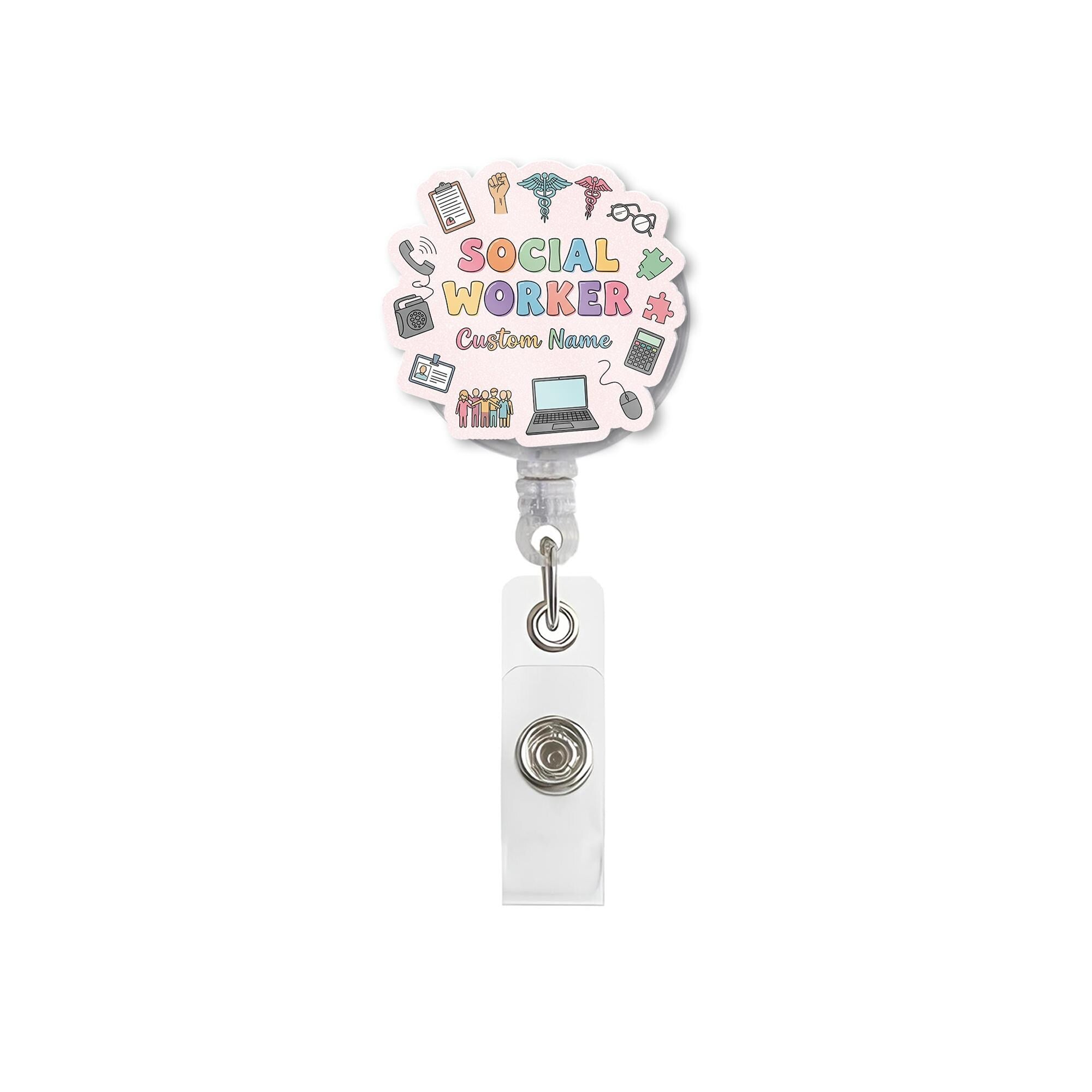 Custom Social Worker Badge Reel, Personalized Name ID Holder, Cute Clip for Social Work, Office Gift for Case Workers
