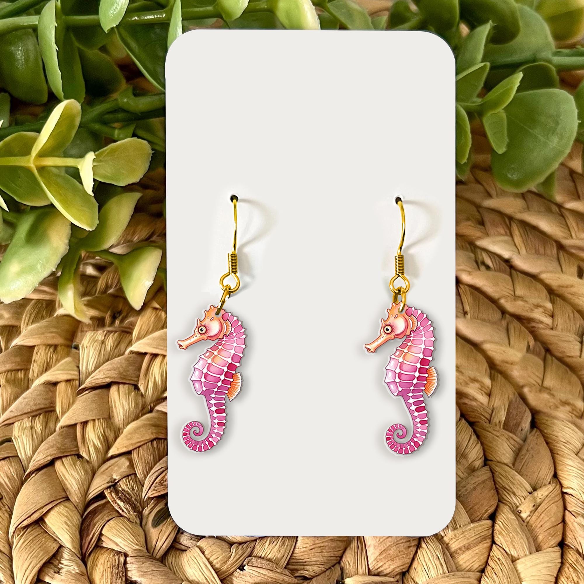 Pink Seahorse Earrings – Cute Ocean Animal Jewelry – Beach Lover Gift – Acrylic Dangle Earrings for Summer Style For Her, Mom - Beach Trip