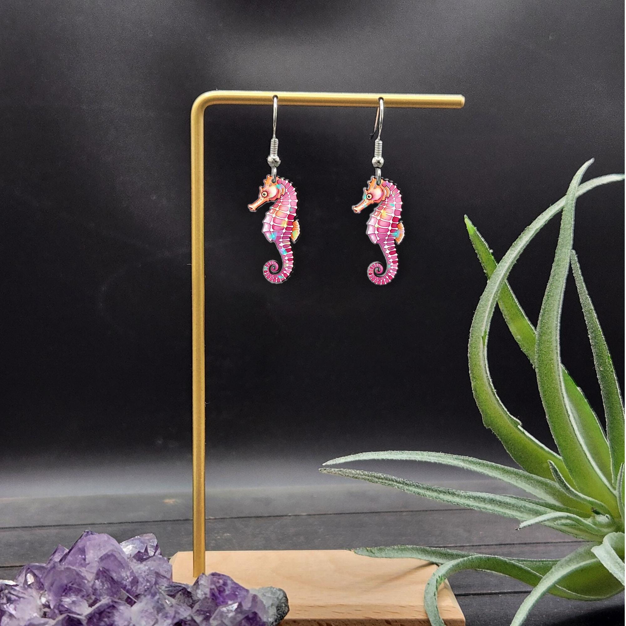 Pink Seahorse Earrings – Cute Ocean Animal Jewelry – Beach Lover Gift – Acrylic Dangle Earrings for Summer Style For Her, Mom - Beach Trip