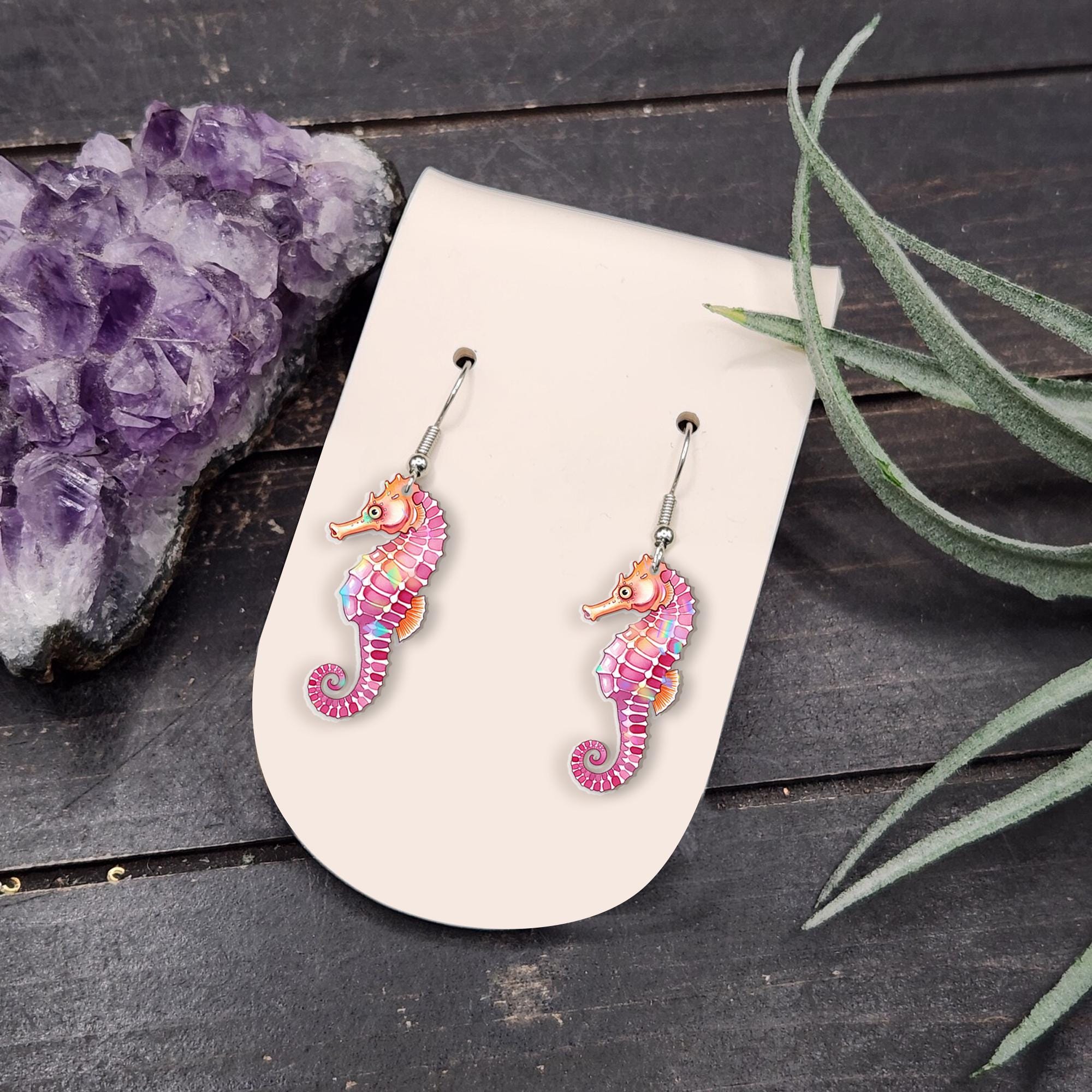 Pink Seahorse Earrings – Cute Ocean Animal Jewelry – Beach Lover Gift – Acrylic Dangle Earrings for Summer Style For Her, Mom - Beach Trip