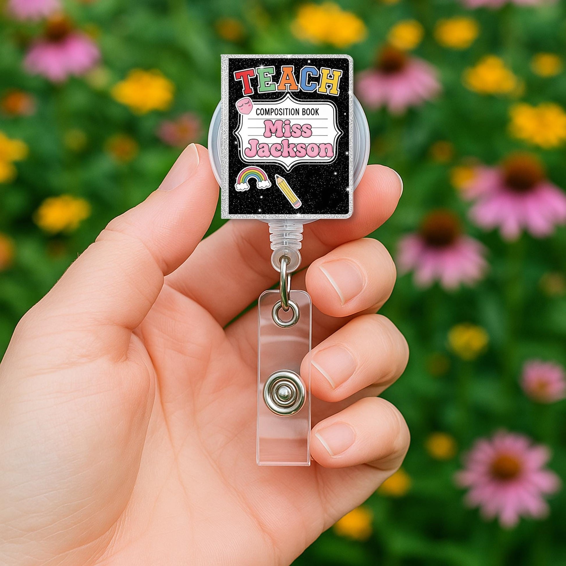 Teacher Badge Reel, Custom Name Composition Book ID Holder, Back to School Gift, Cute Teacher Badge Clip, Personalized Reel