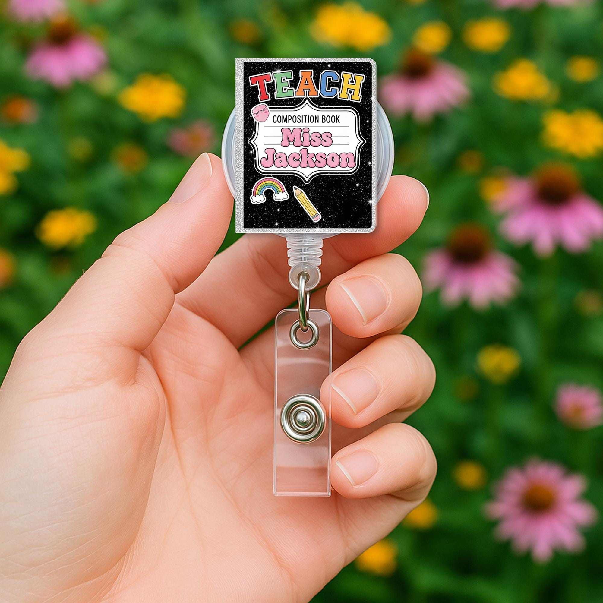 Teacher Badge Reel, Custom Name Composition Book ID Holder, Back to School Gift, Cute Teacher Badge Clip, Personalized Reel