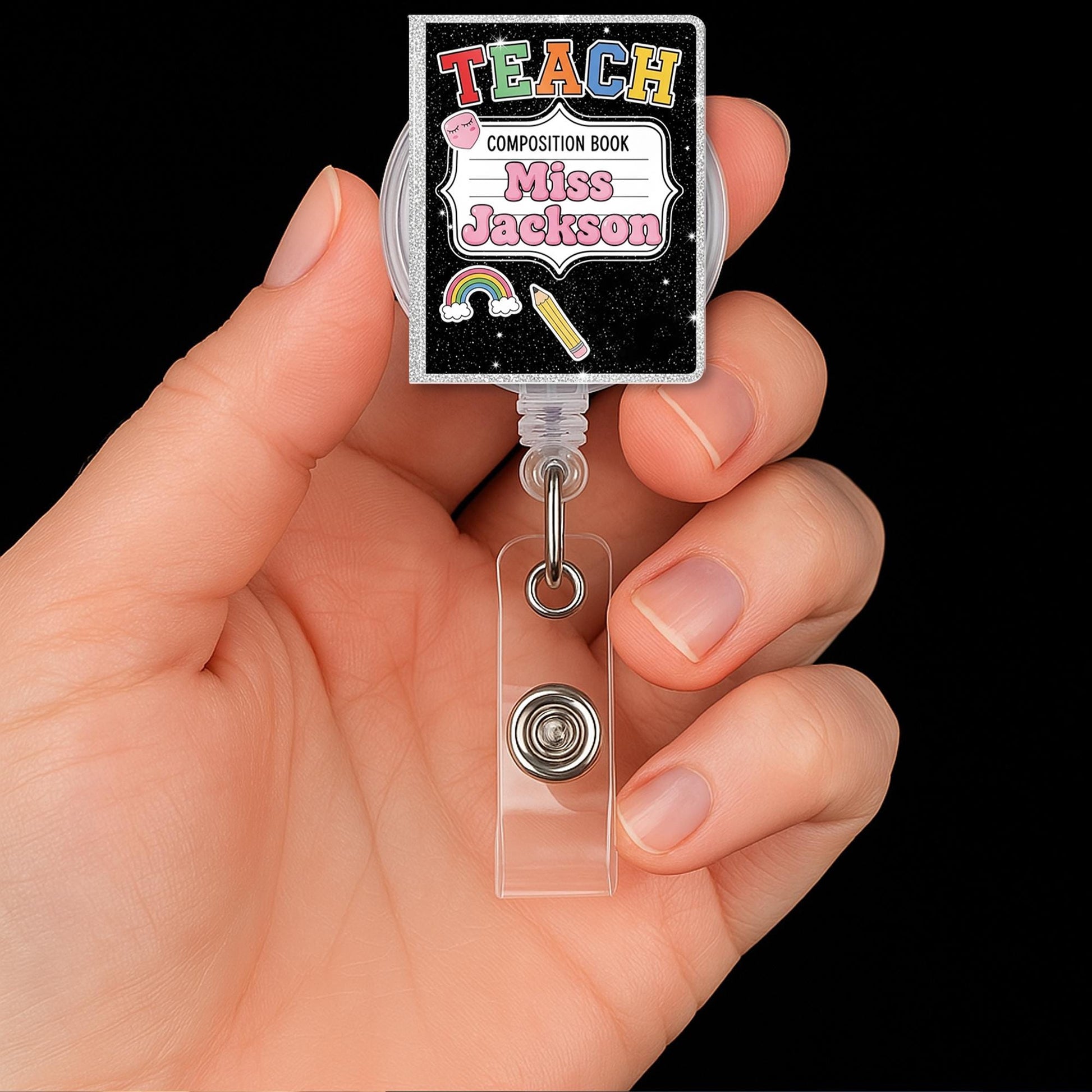 Teacher Badge Reel, Custom Name Composition Book ID Holder, Back to School Gift, Cute Teacher Badge Clip, Personalized Reel