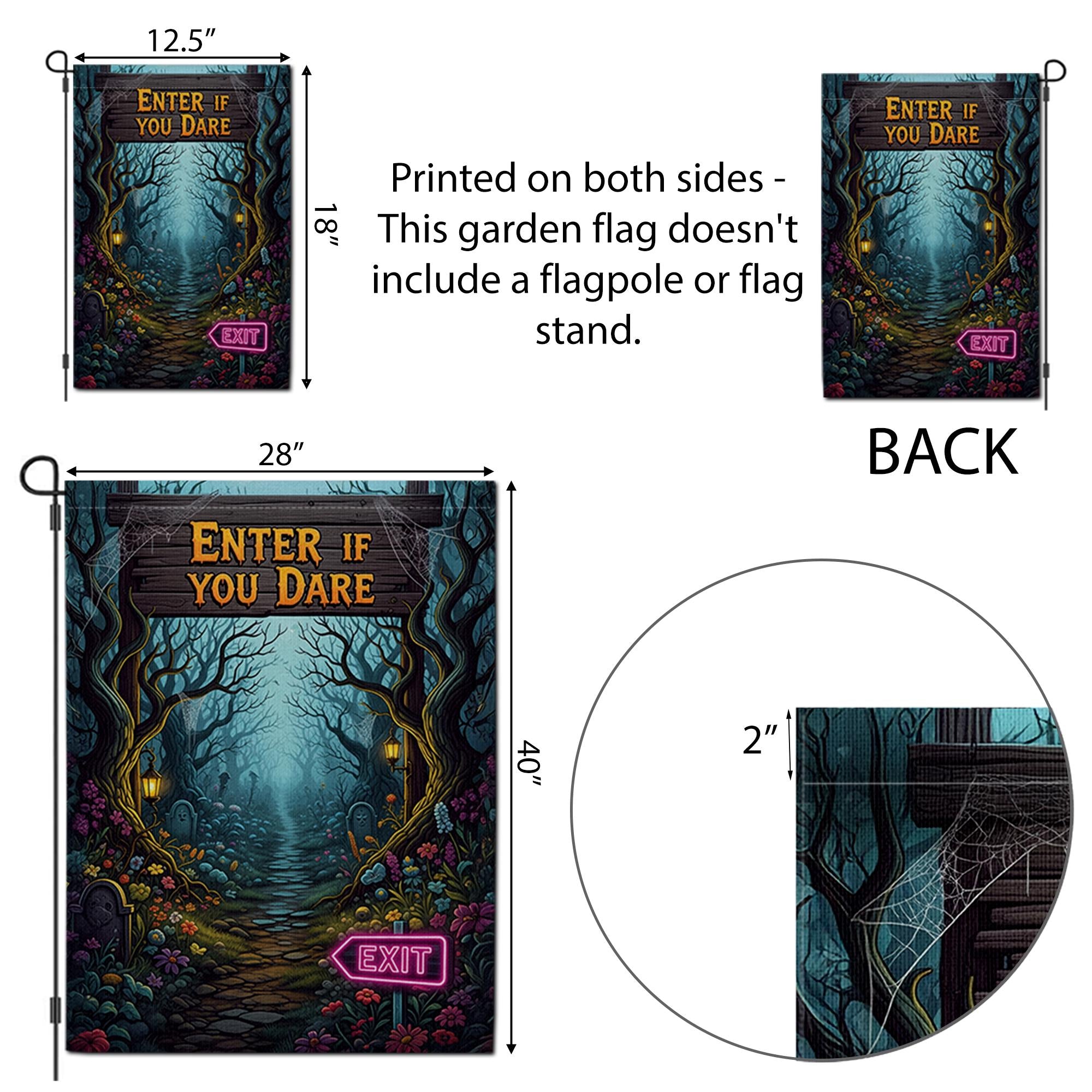 Spooky Halloween Garden Flag - Enter If You Dare Sign with Neon Exit, Creepy Graveyard Yard Decor, Scary Outdoor Fall Decoration