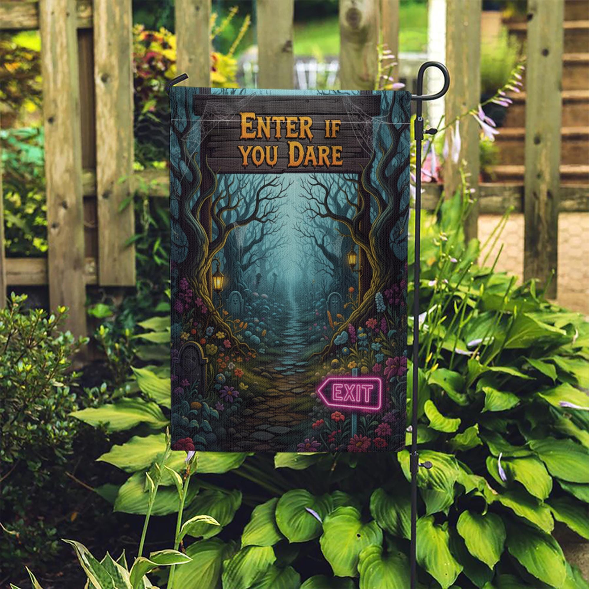 Spooky Halloween Garden Flag - Enter If You Dare Sign with Neon Exit, Creepy Graveyard Yard Decor, Scary Outdoor Fall Decoration