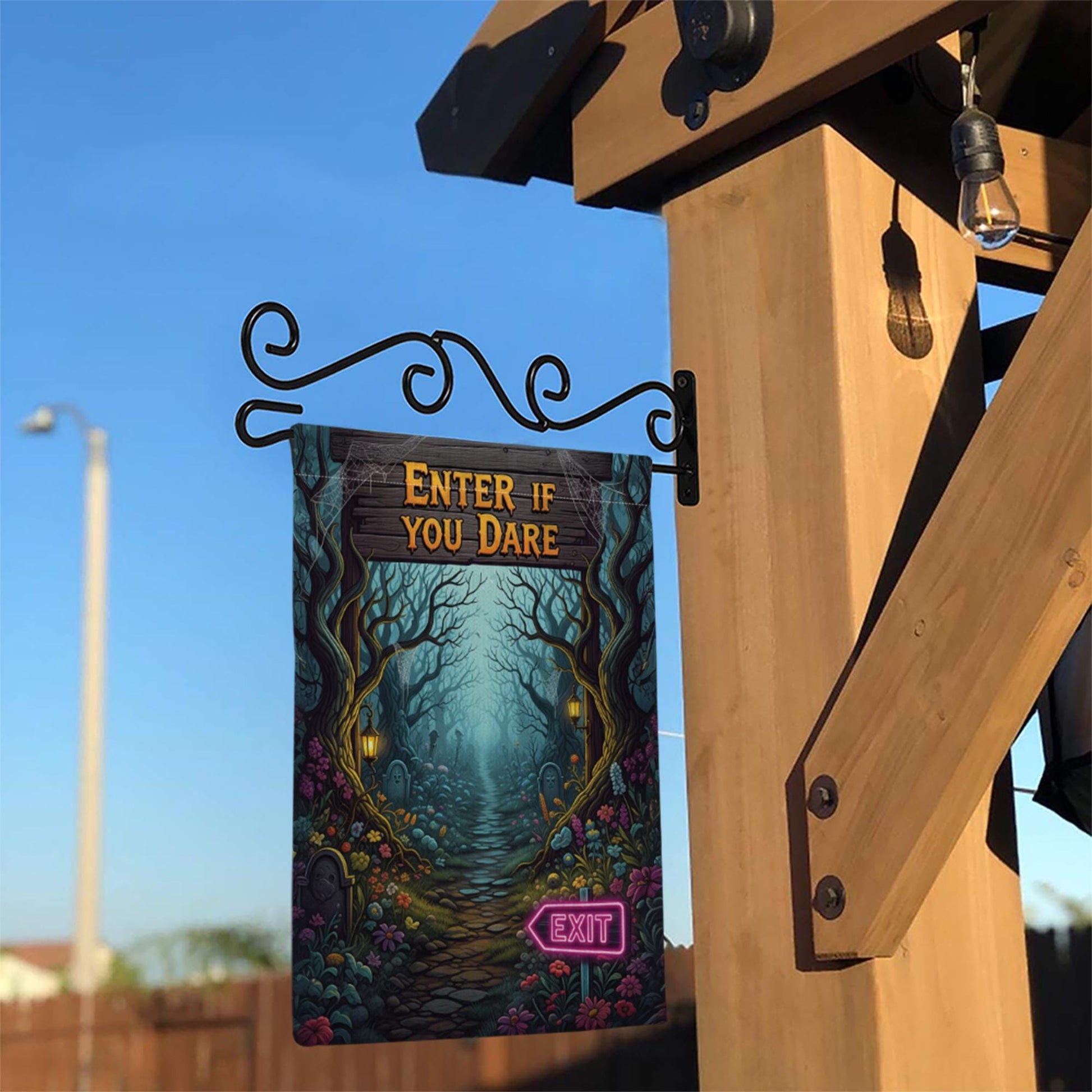 Spooky Halloween Garden Flag - Enter If You Dare Sign with Neon Exit, Creepy Graveyard Yard Decor, Scary Outdoor Fall Decoration