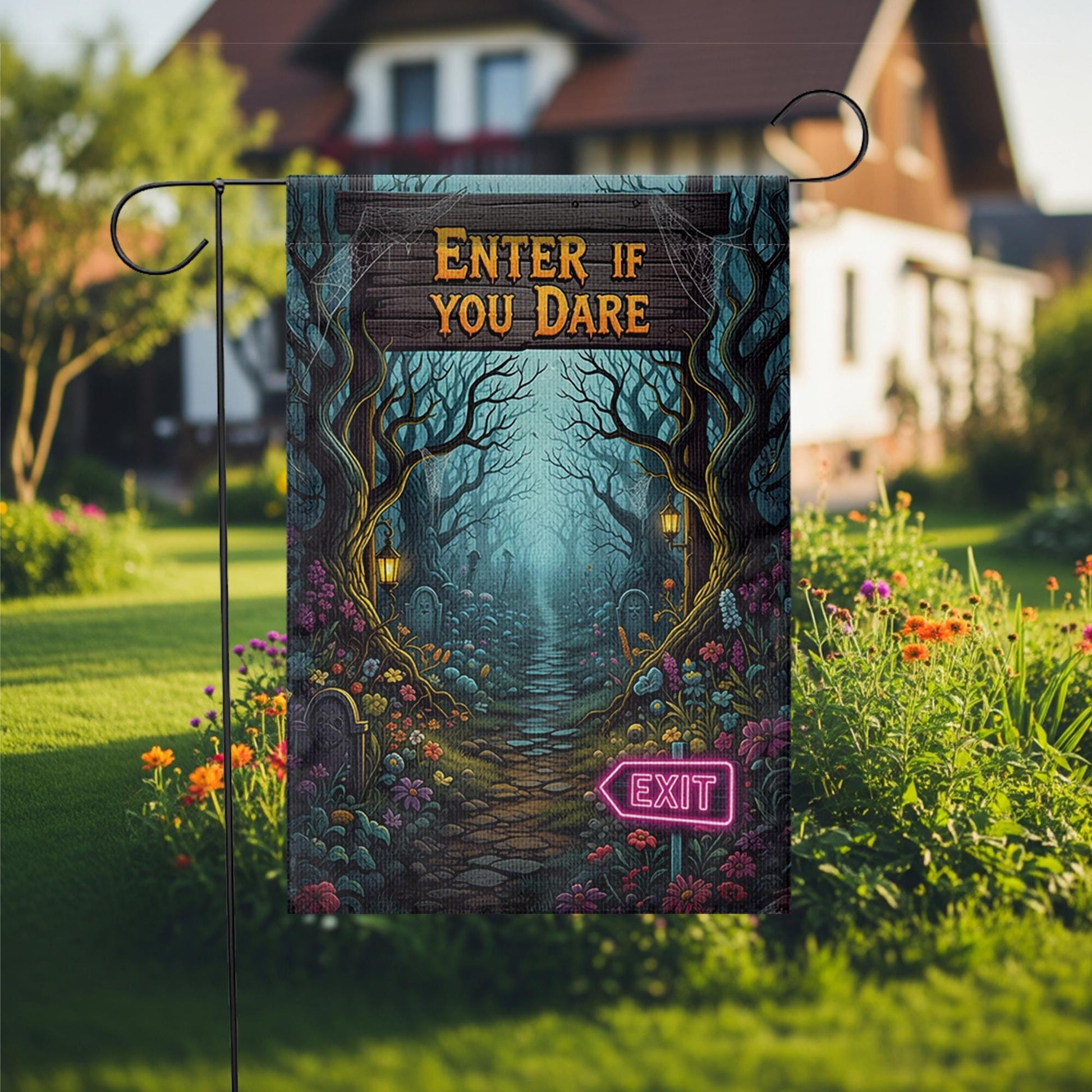 Spooky Halloween Garden Flag - Enter If You Dare Sign with Neon Exit, Creepy Graveyard Yard Decor, Scary Outdoor Fall Decoration