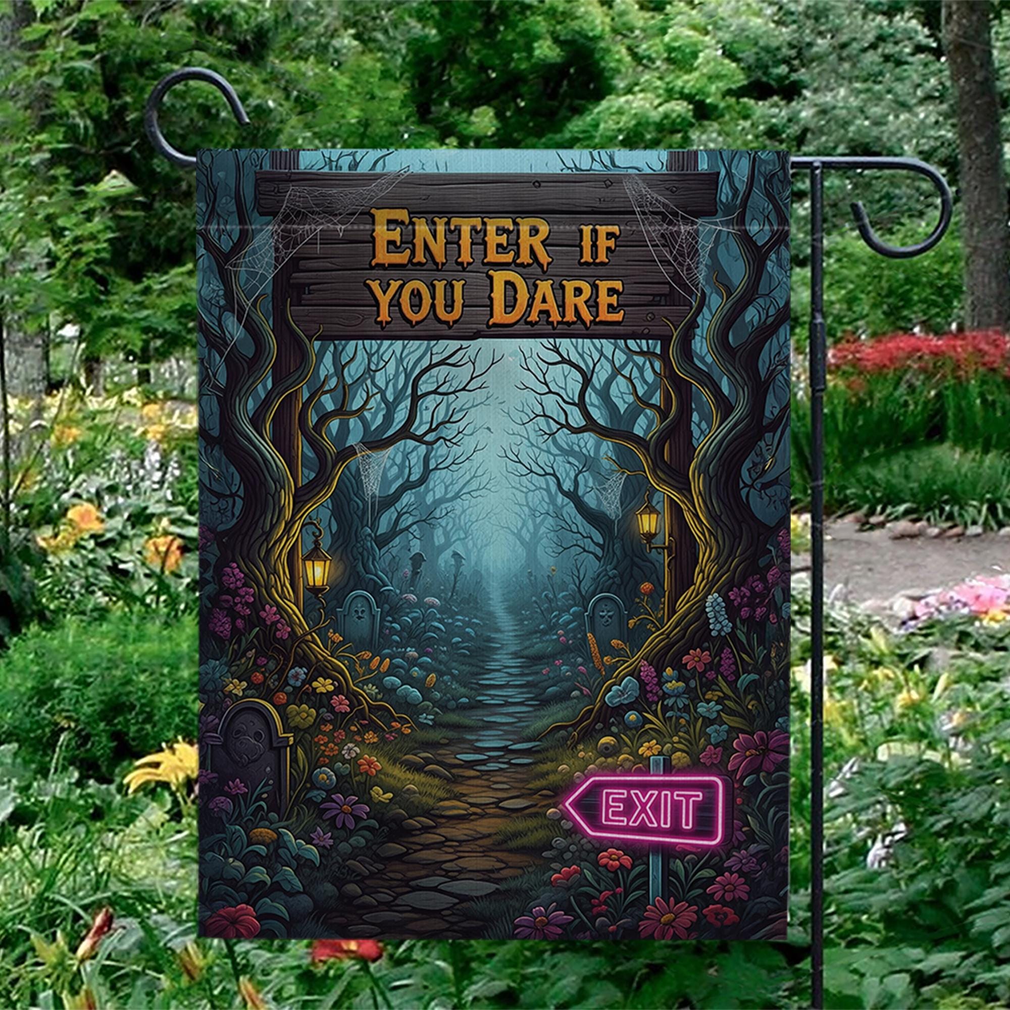 Spooky Halloween Garden Flag - Enter If You Dare Sign with Neon Exit, Creepy Graveyard Yard Decor, Scary Outdoor Fall Decoration