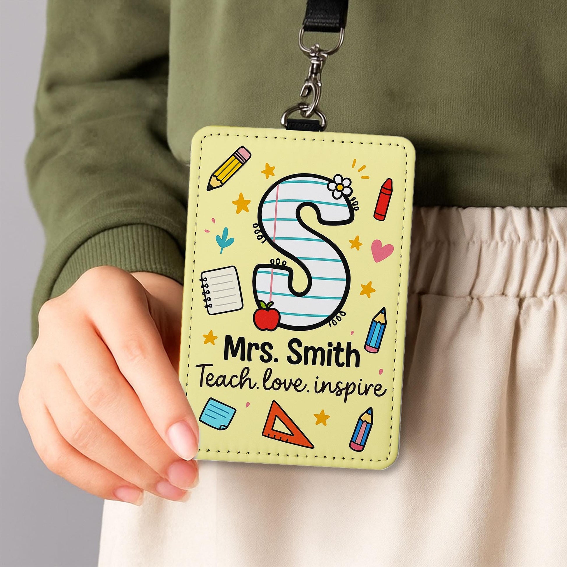 Personalized Teacher ID Badge, Custom Name Tag with Initial, Cute School Supply Design, Gift for Teachers, Back to School Accessory