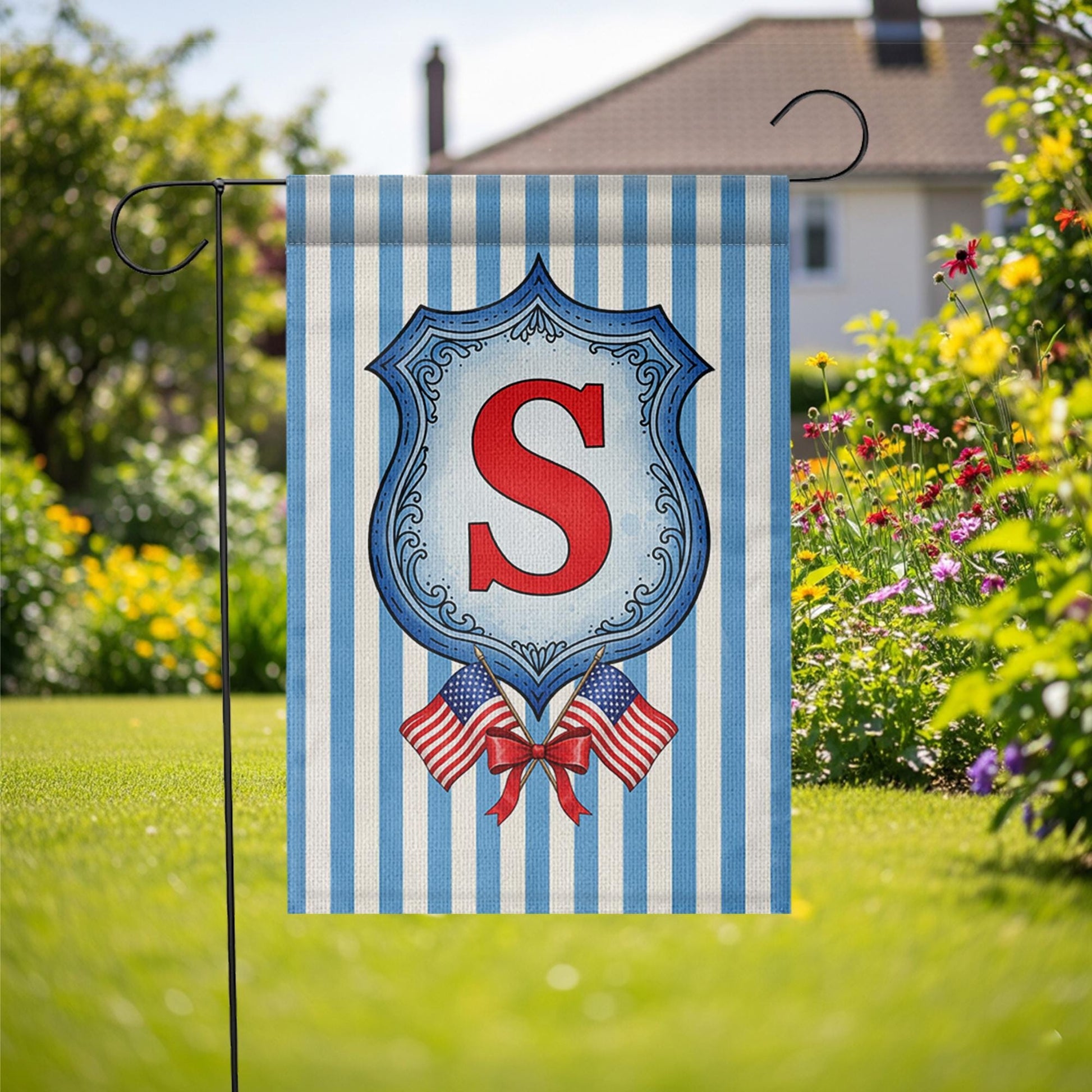 Patriotic Garden Flag with Monogram, Custom Initial Outdoor Flag, 4th of July Yard Decor, Red White Blue Americana Flag