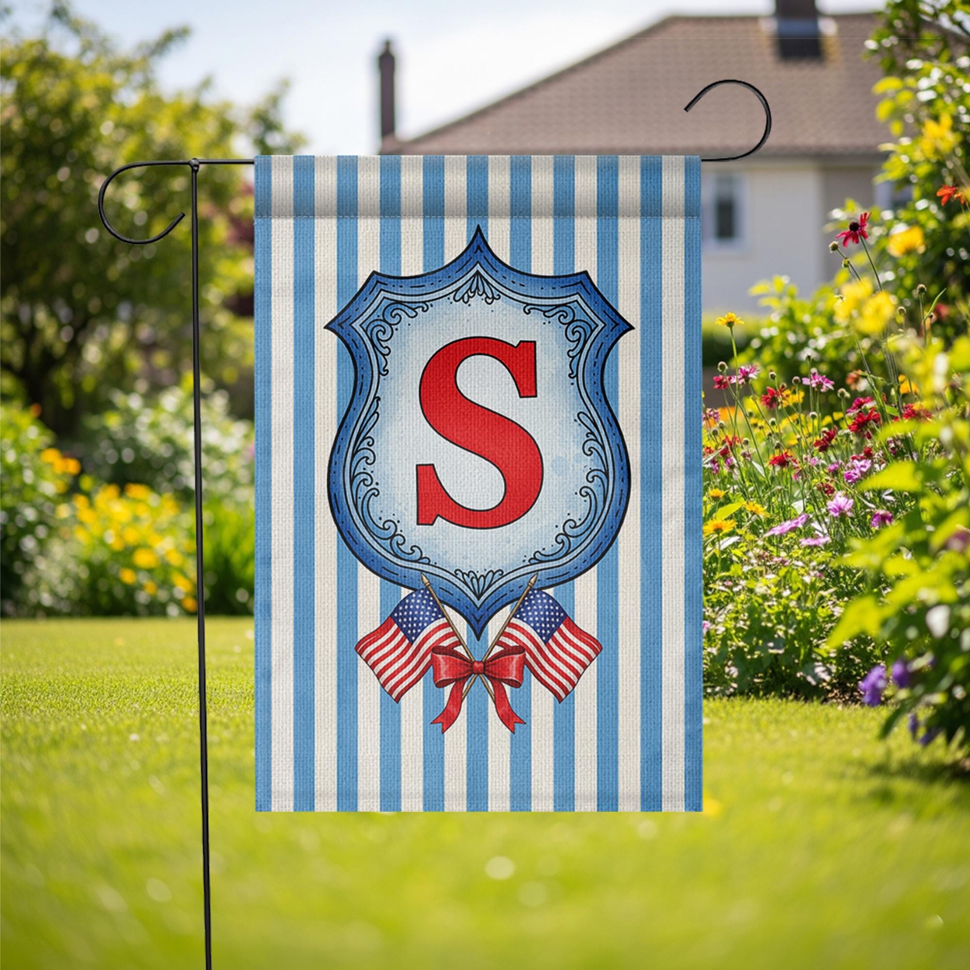 Patriotic Garden Flag with Monogram, Custom Initial Outdoor Flag, 4th of July Yard Decor, Red White Blue Americana Flag