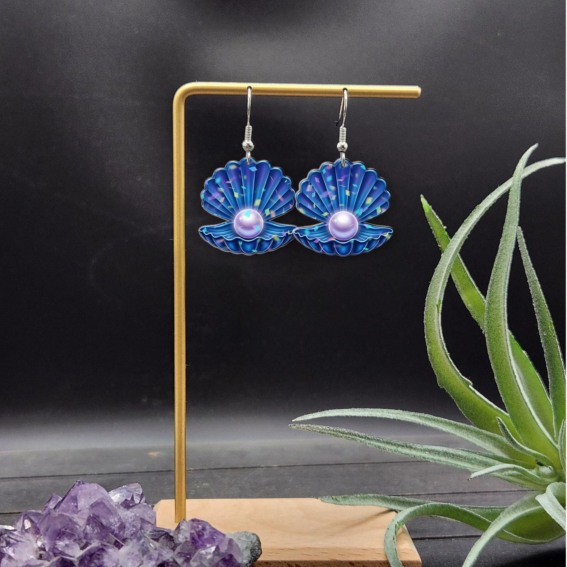 Blue Seashell Pearl Earrings – Ocean-Inspired Acrylic Dangle Jewelry, Mermaid Beach Gift, Summer Accessory For Beach Trip, Gift For Her, Mom
