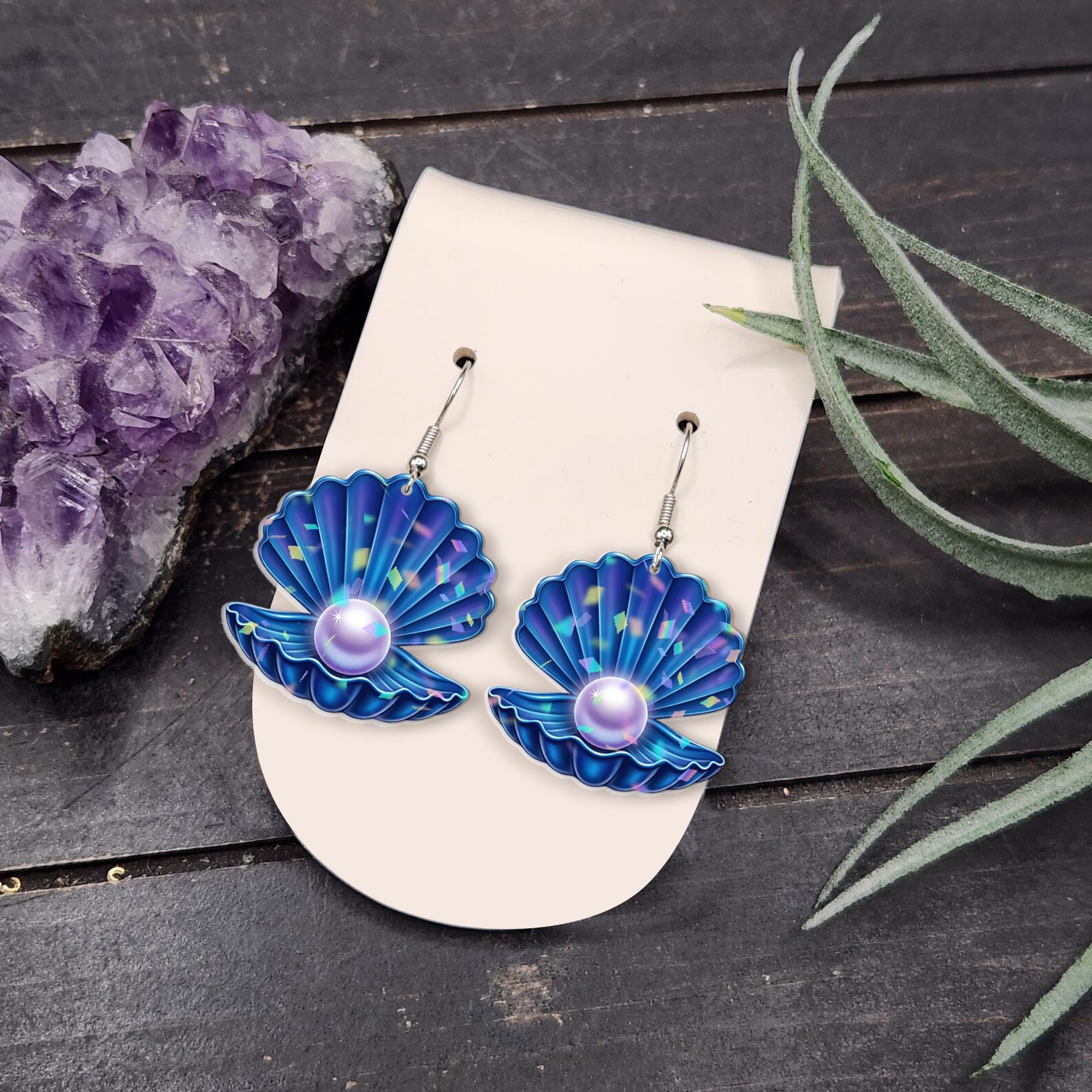Blue Seashell Pearl Earrings – Ocean-Inspired Acrylic Dangle Jewelry, Mermaid Beach Gift, Summer Accessory For Beach Trip, Gift For Her, Mom